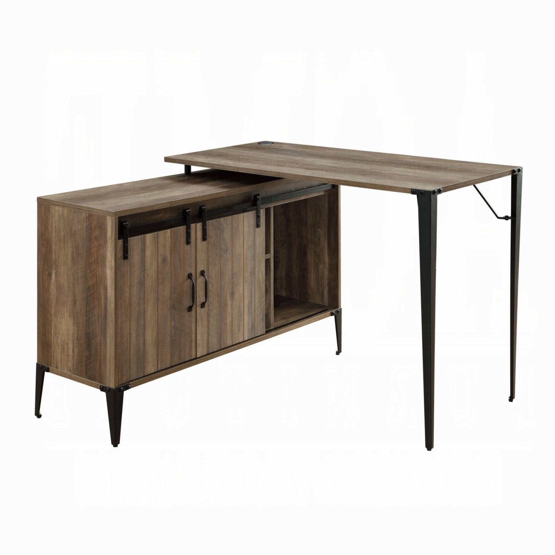 Alt View 7. Glintex - 48" Rustic L-Shaped Writing Desk, Sliding Barn Door Storage, Built-In Cord Management, Sturdy Black Metal Legs - Rustic.
