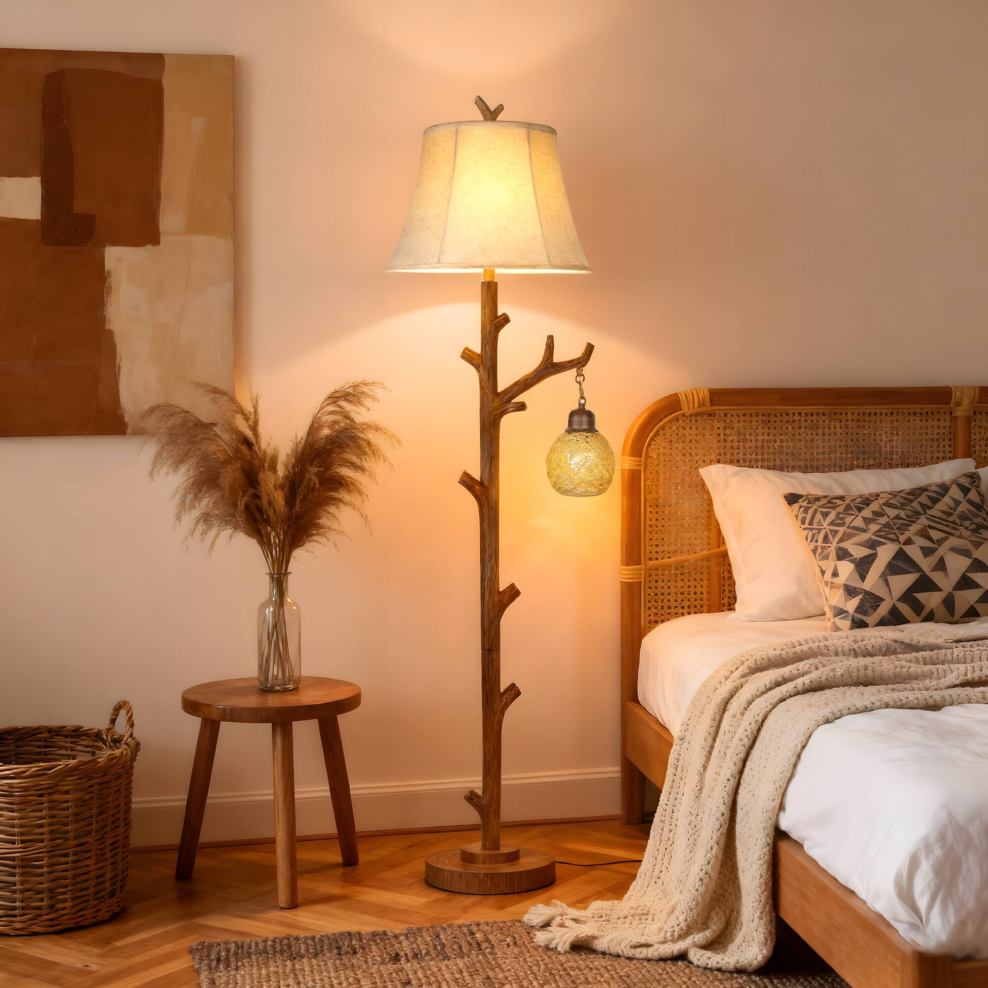 Alt View 3. partphoner - 62" Rustic Farmhouse Tree Trunk Floor Lamp with woven night light.