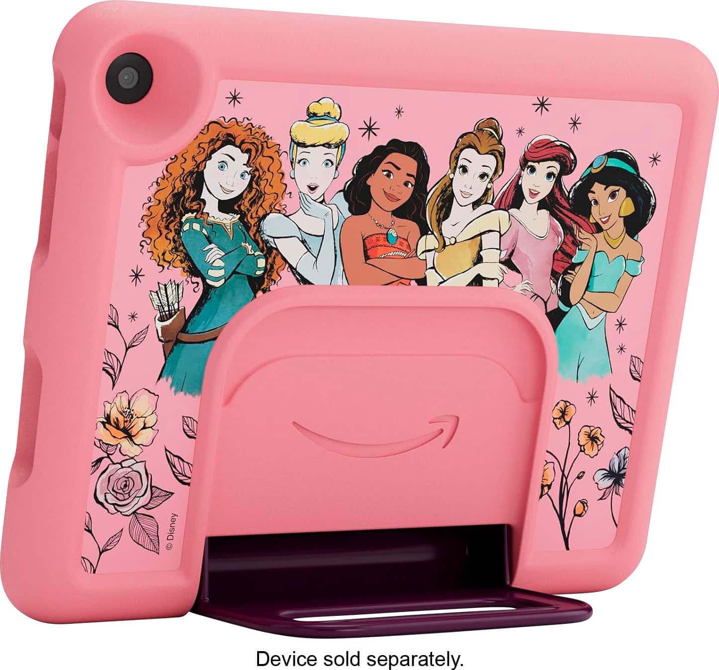 The image features a pink case with a group of five Disney princesses on it. The case is designed to hold a tablet or other electronic device. The text on the image reads "Disney 1 device sold separately." This suggests that the case is not a complete device, but rather an accessory for a separate device.