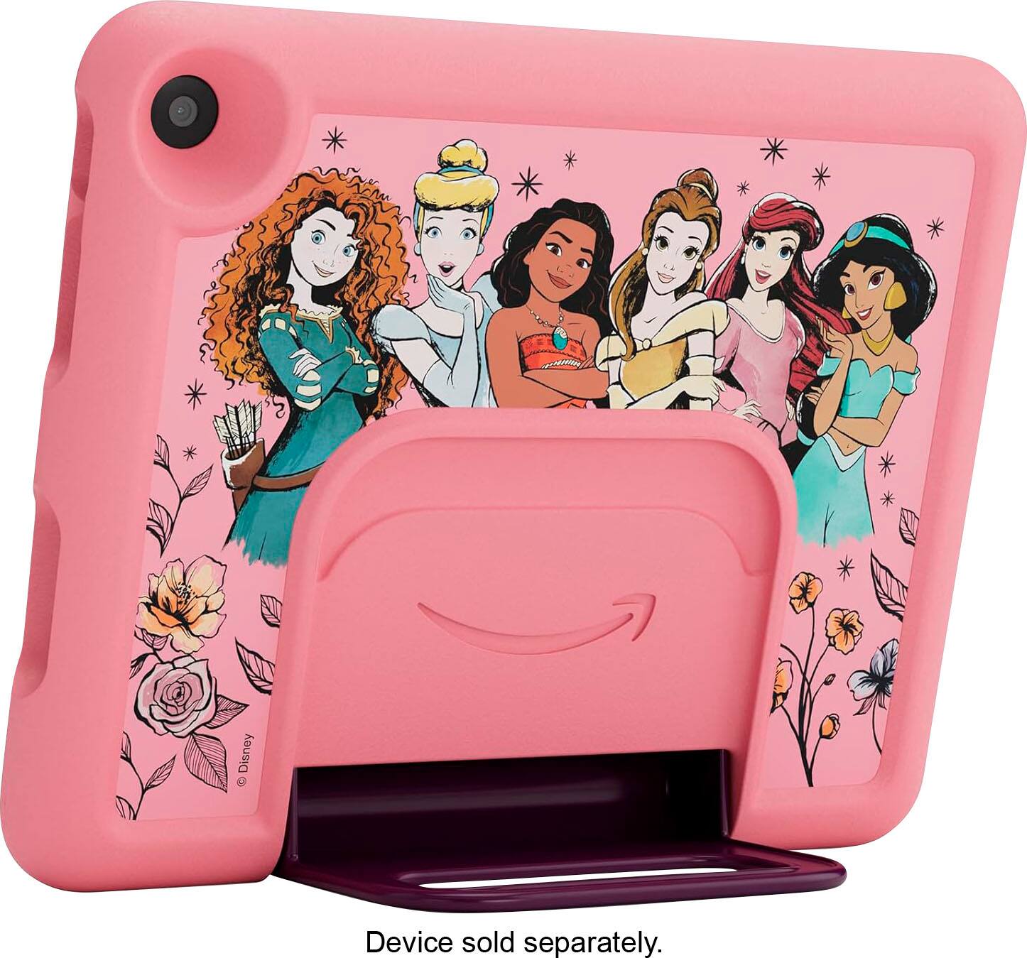 The image features a pink case with a group of five Disney princesses on it. The case is designed to hold a tablet or other electronic device. The text on the image reads "Disney 1 device sold separately." This suggests that the case is not a complete device, but rather an accessory for a separate device.