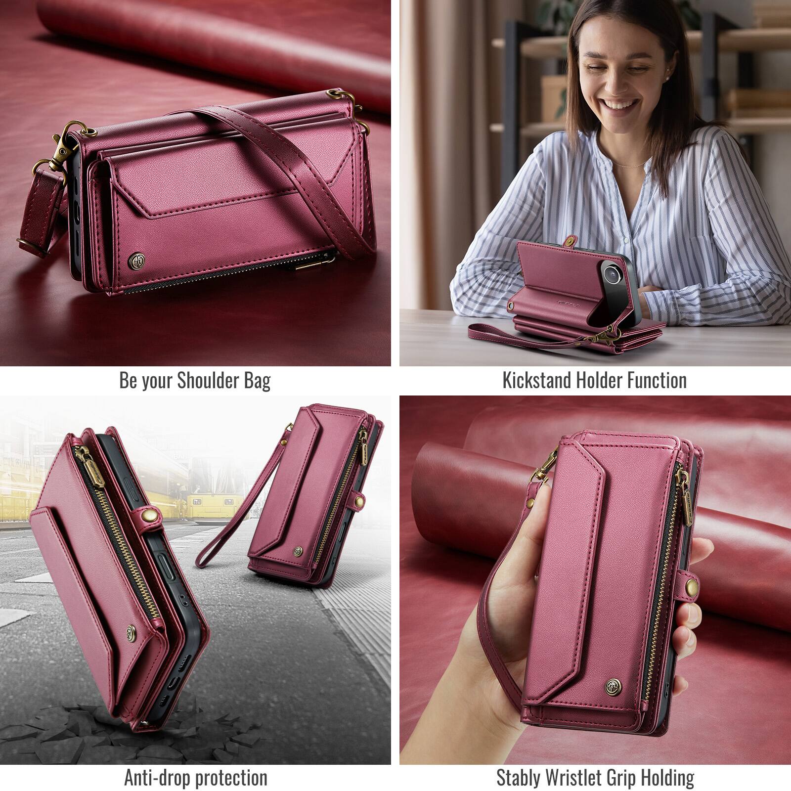 Be your Shoulder Bag  
Kickstand Holder Function  
Anti-drop protection  
Stably Wristlet Grip Holding