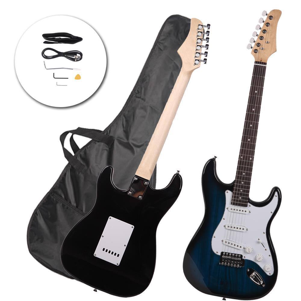 Angle. Winado - 39" Rose wood Fingerboard Electric Guitar Blue + Portable Gigbag + Cord + Strap for Student Gift.