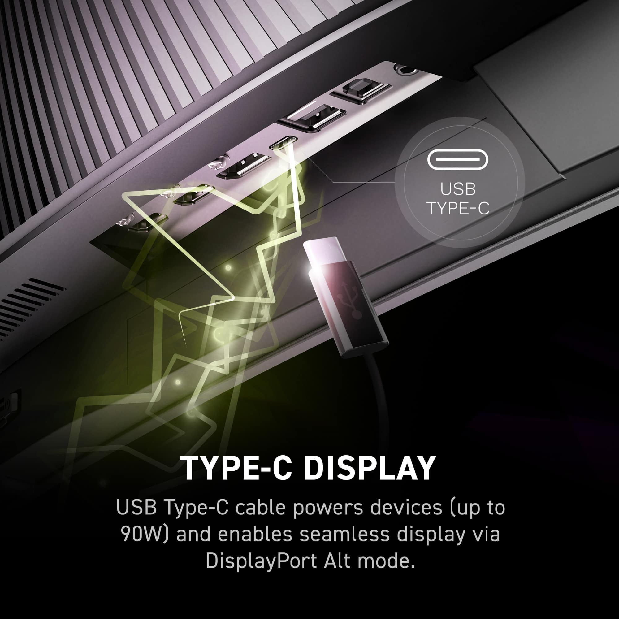 USB Type-C Display: USB Type-C cable powers devices (up to 90W) and enables seamless display via DisplayPort Alt mode.