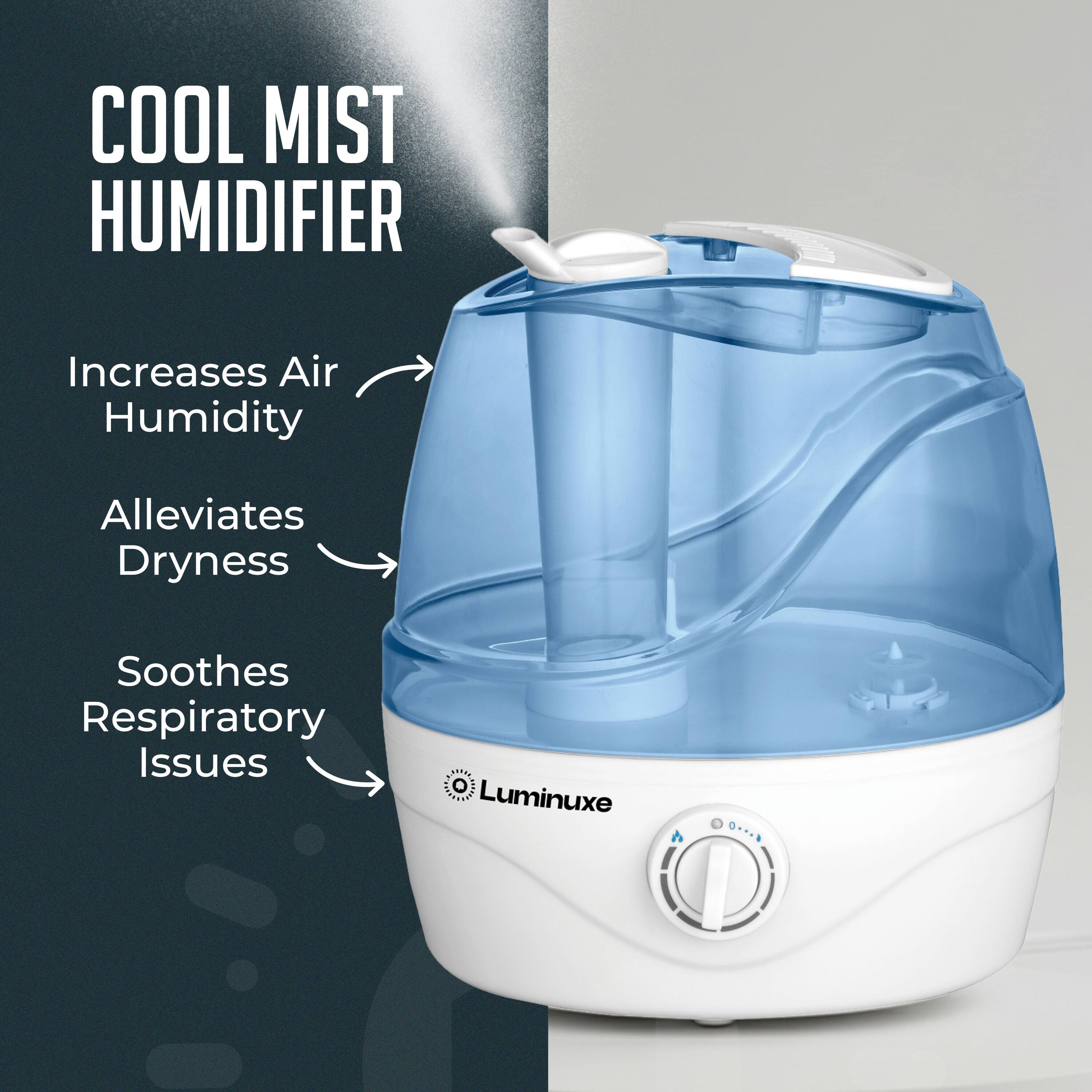 COOL MIST HUMIDIFIER  
Increases Air Humidity  
Alleviates Dryness  
Soothes Respiratory Issues  

Luminuxe