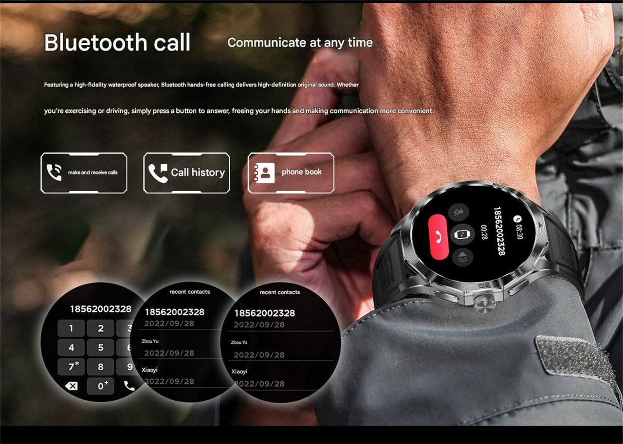 Bluetooth call  
Communicate at any time  

Featuring a high-fidelity waterproof speaker, Bluetooth hands-free calling delivers high-definition original sound. Whether you're exercising or driving, simply press a button to answer, freeing your hands and making communication more convenient.  

- make and receive calls  
- Call history  
- phone book  

recent contacts  
18562002328  
2022/09/28  

Zhou Yu  
2022/09/28  

Xiaoyi  
2022/09/28  

Zhou Tu  
2022/09/28  

Xiaoyi  
2022/09/28