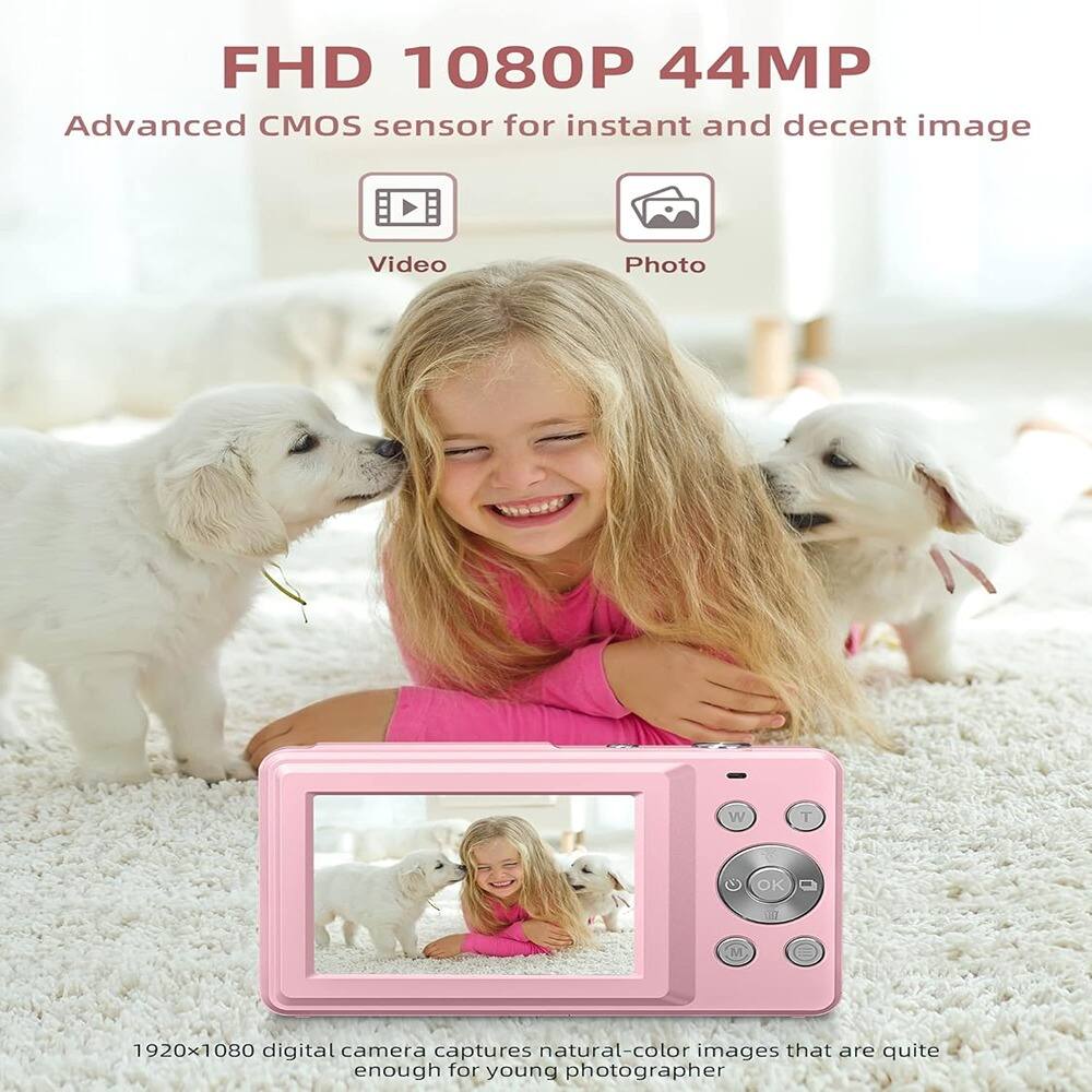 FHD 1080P 44MP  
Advanced CMOS sensor for instant and decent image  

Video  
Photo  

1920x1080 digital camera captures natural-color images that are quite enough for young photographer