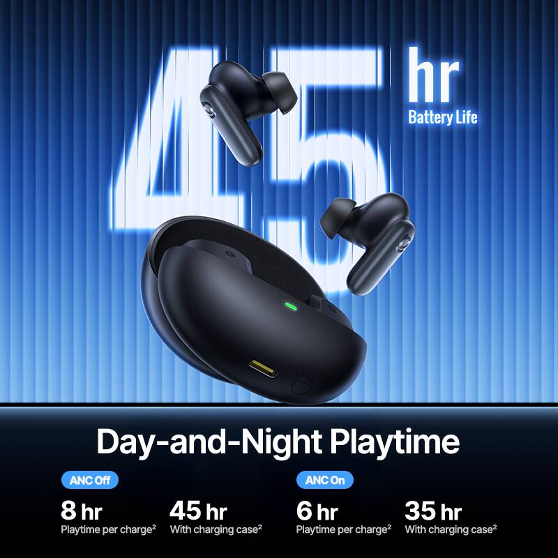 Battery Life: 45 hr

Day-and-Night Playtime

ANC Off:
- 8 hr Playtime per charge
- 45 hr With charging case

ANC On:
- 6 hr Playtime per charge
- 35 hr With charging case