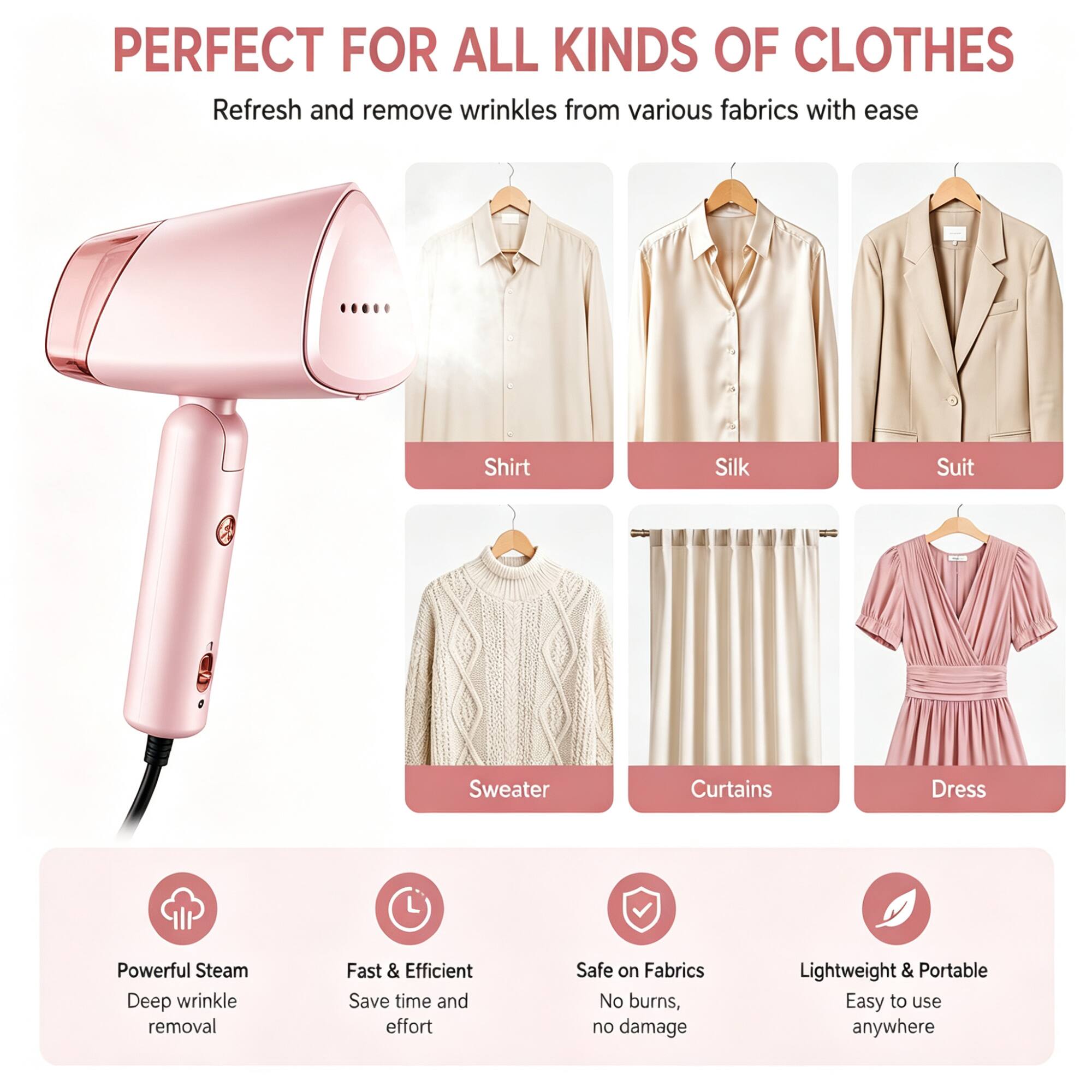 PERFECT FOR ALL KINDS OF CLOTHES  
Refresh and remove wrinkles from various fabrics with ease

- Shirt
- Silk
- Suit
- Sweater
- Curtains
- Dress

Powerful Steam  
Deep wrinkle removal

Fast & Efficient  
Save time and effort

Safe on Fabrics  
No burns, no damage

Lightweight & Portable  
Easy to use anywhere