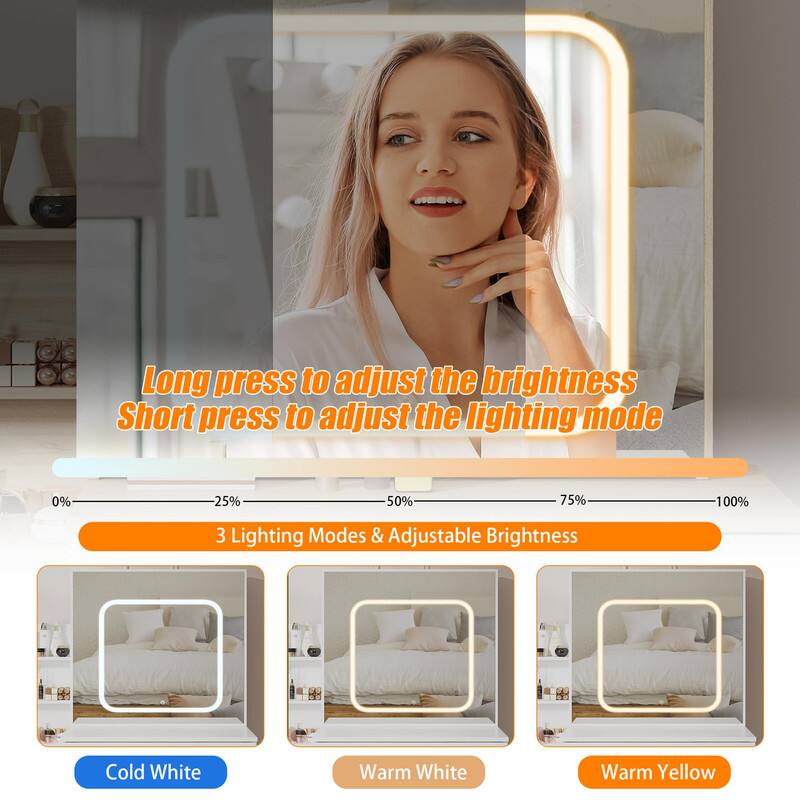 Long press to adjust the brightness  
Short press to adjust the lighting mode  

3 Lighting Modes & Adjustable Brightness  
0% 25% 50% 75% 100%  

Cold White  
Warm White  
Warm Yellow