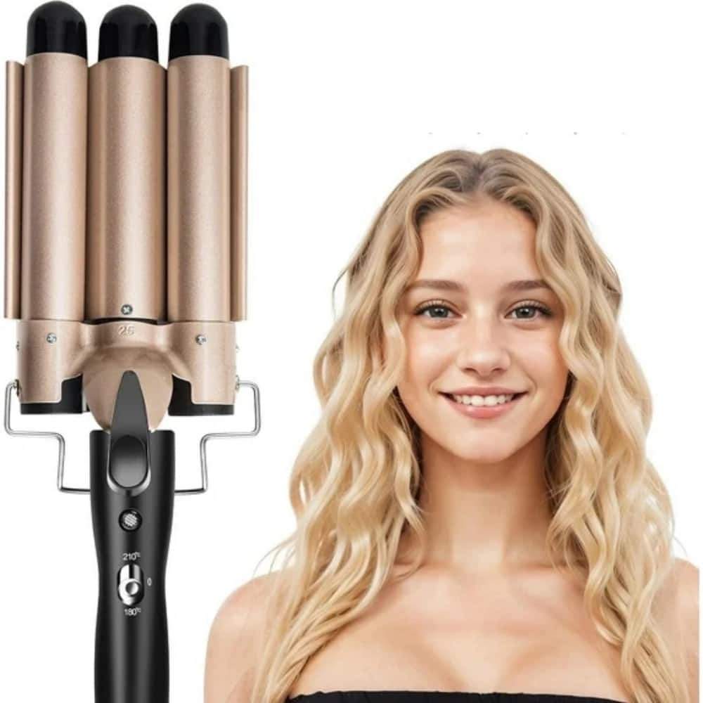 Morfone - 22mm Triple-Barrel Adjustable Temperature Curling Iron, Rapid Heating, Suitable for All Hair Types (Golden)