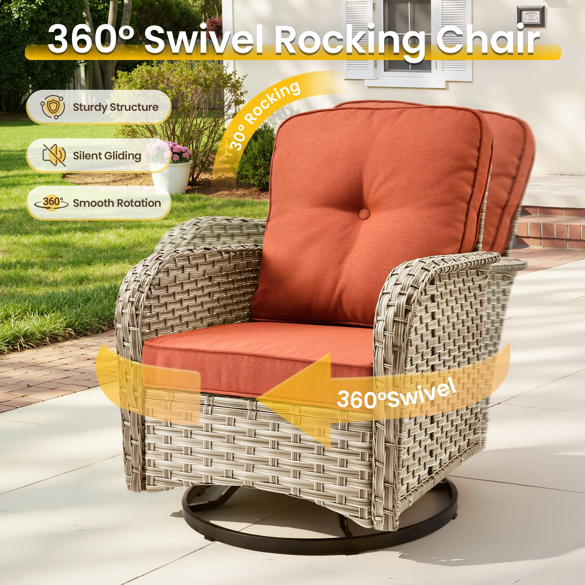 360° Swivel Rocking Chair

- Sturdy Structure
- Silent Gliding
- 360° Smooth Rotation

30° Rocking

360° Swivel