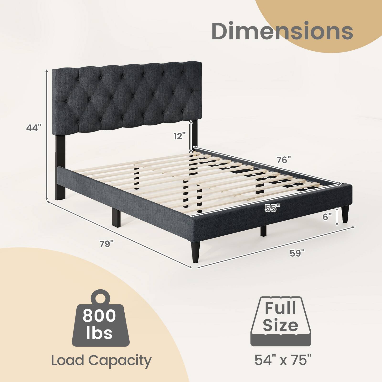 Dimensions: 44" x 12" x 76" x 55" x 6" x 79" x 59"  
Load Capacity: 800 lbs  
Full Size: 54" x 75"