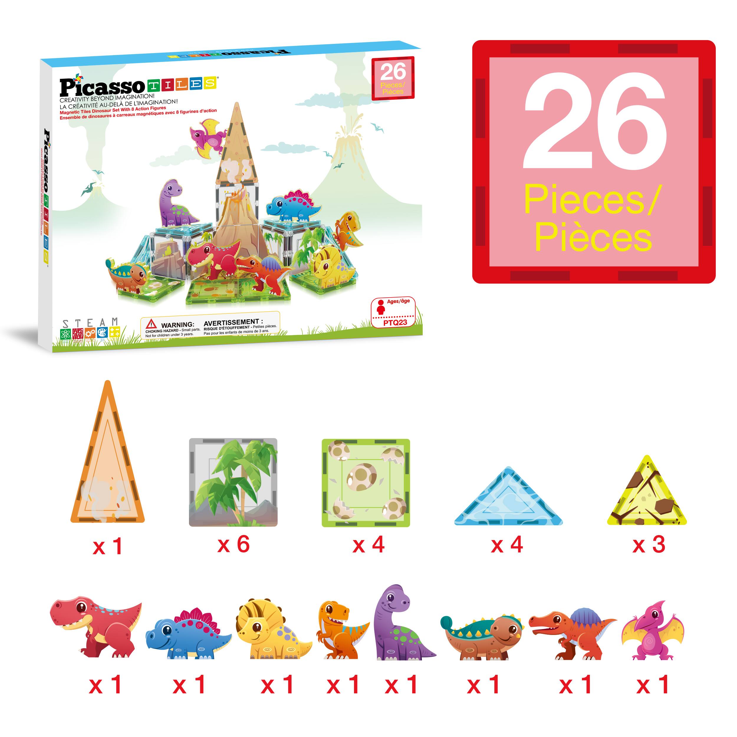 Picasso Tiles  
Creativity Beyond Imagination  
La Créativité Au-Delà de l'Imagination  

Ensemble de décors 3D, Carnet, Modèles inspirés de 8 figures d'action  

26 Pièces / Pieces  

WARNING / AVERTISSEMENT:  
Choking Hazard - Small parts. Not for children under 3 years.  
Peligro de asfixia - Piezas pequeñas. No es adecuado para niños menores de 3 años.  

Age: 3+  
PT023  

26 Pièces / Pieces  

x1  
x6  
x4  
x4  
x3  
x1  
x1  
x1  
x1  
x1  
x1  
x1  
x1
