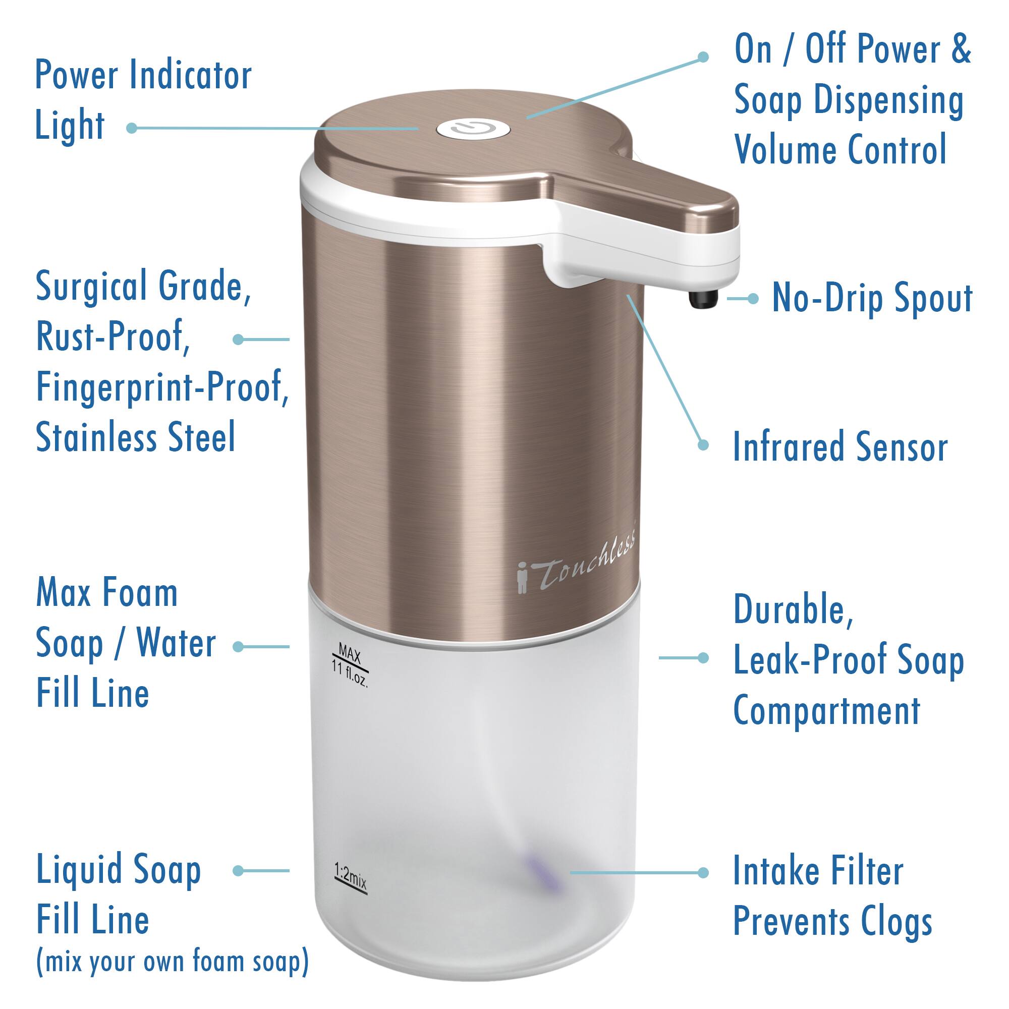 Alt View 11. iTouchless - iTouchless Stainless Steel Ultraclean 11 fl oz / 325 ml Sensor Foam Soap Dispenser, Rose Gold, Rust-Free Automatic Pump - Rose Gold.