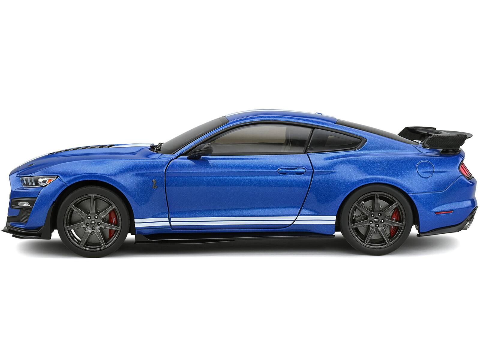 Alt View 3. Solido - 2020 Ford Mustang Shelby GT500 Fast Track Ford Performance Blue Metallic with White Stripes 1/18 Model Car by Solido.