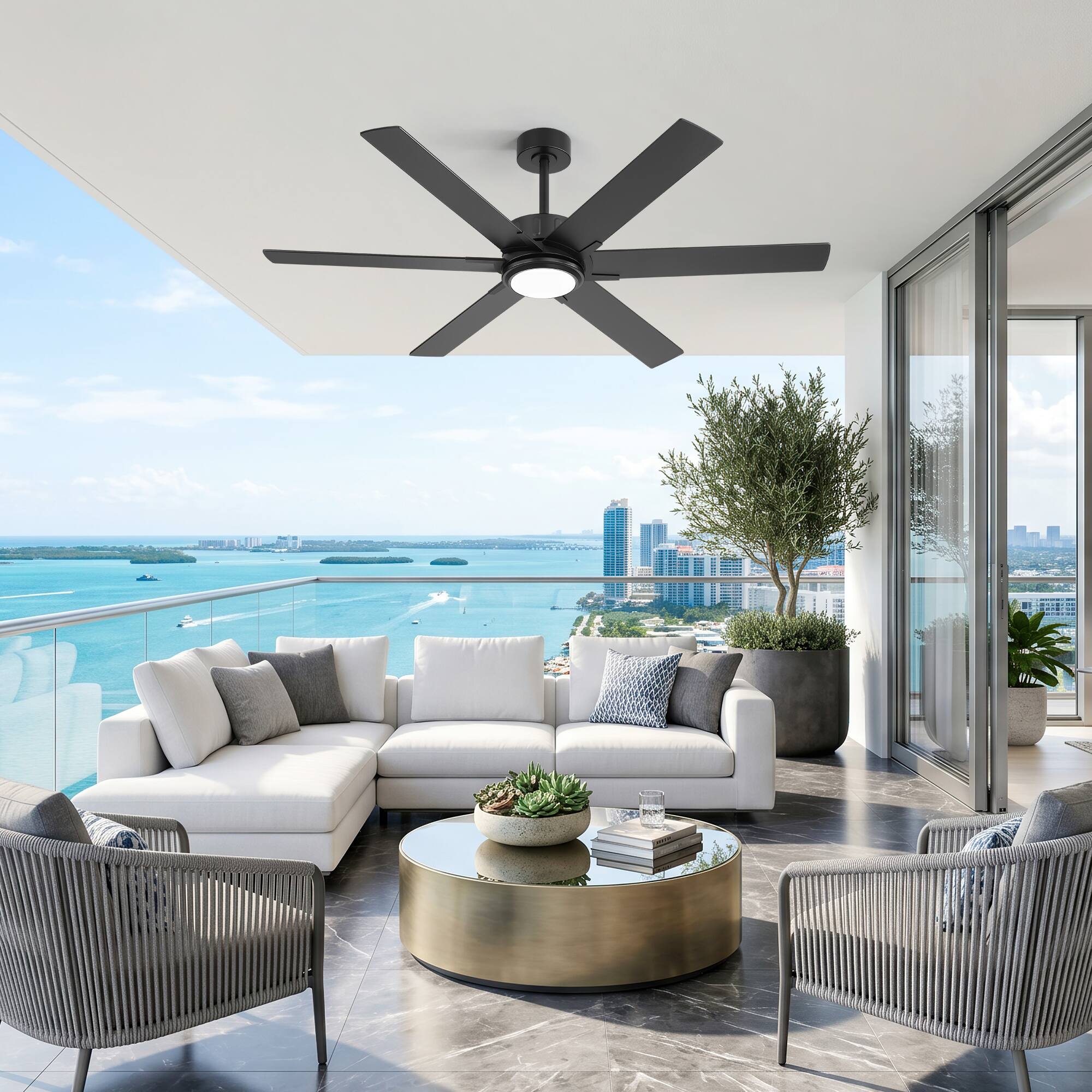 Alt View 5. Breezary - 60-In LED Ceiling Fan with Light, 6 Plywood Blades, 6-Speed DC Motor, Remote, 3CCT, 6"/12" Downrods - 60-inch Black.