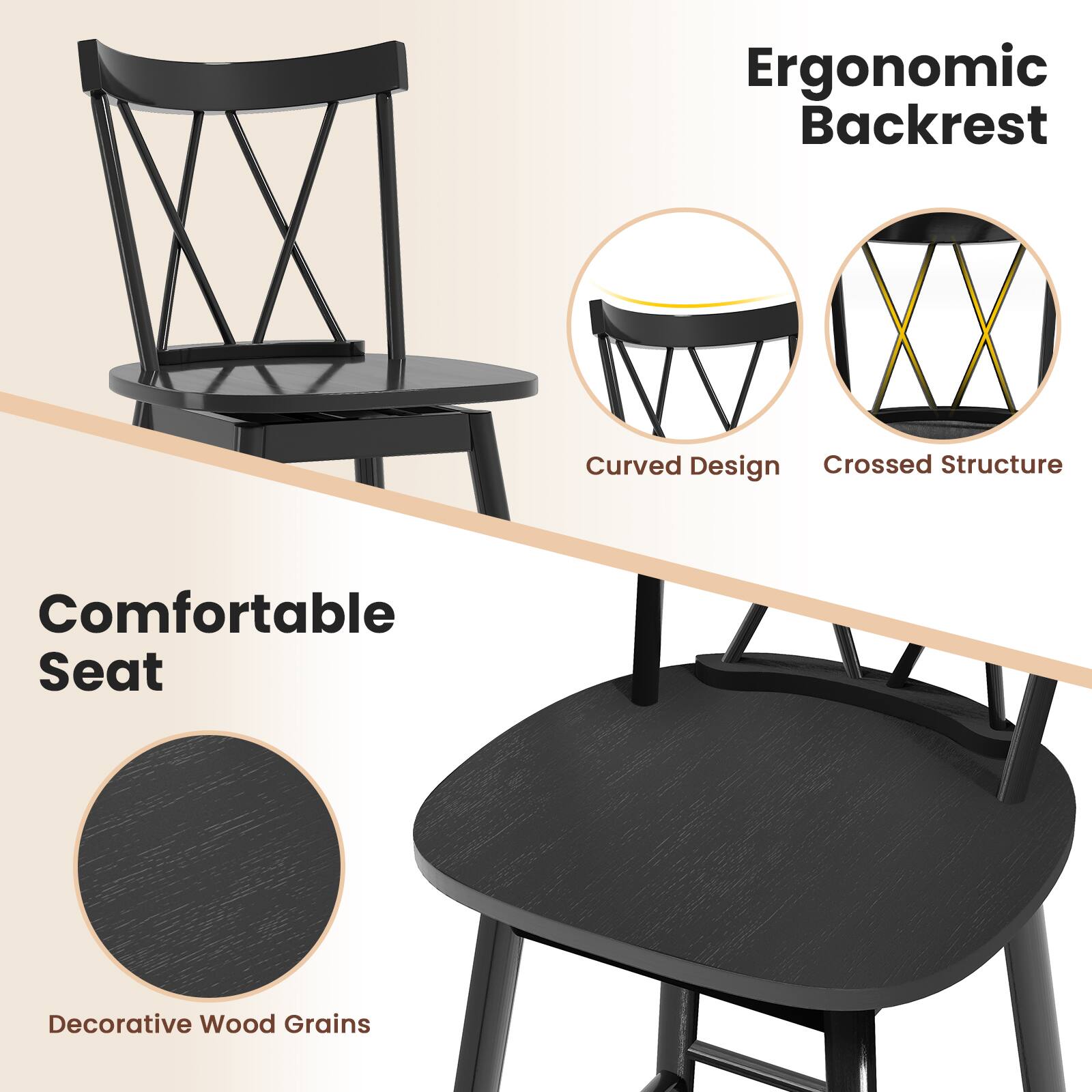 Ergonomic Backrest, Curved Design, Crossed Structure, Comfortable Seat, Decorative Wood Grains
