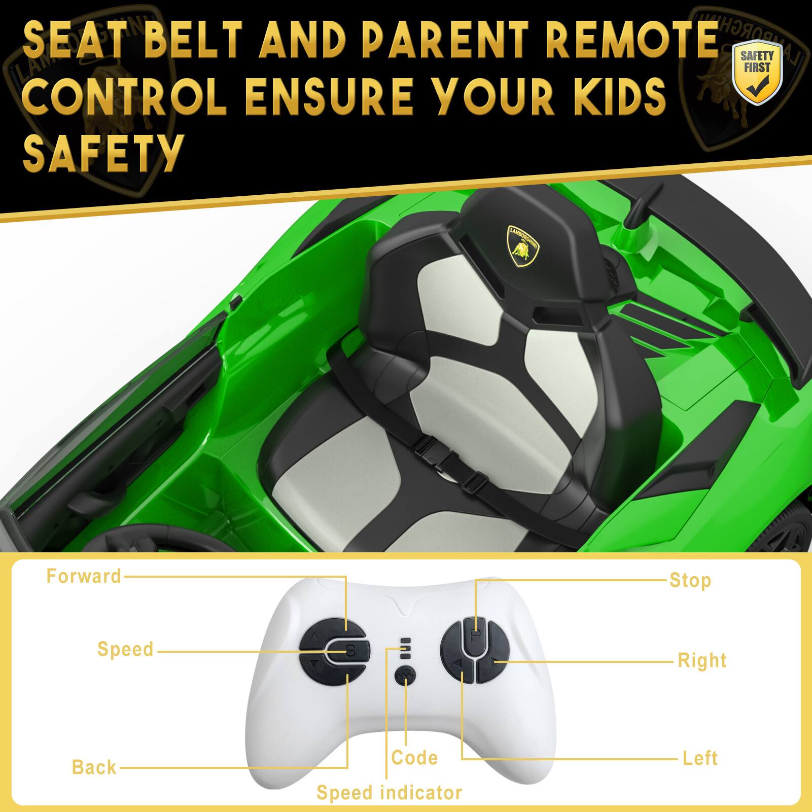 SEAT BELT AND PARENT REMOTE CONTROL ENSURE YOUR KIDS SAFETY

Forward
Speed
Back
Stop
Right
Left
Speed Indicator
Code