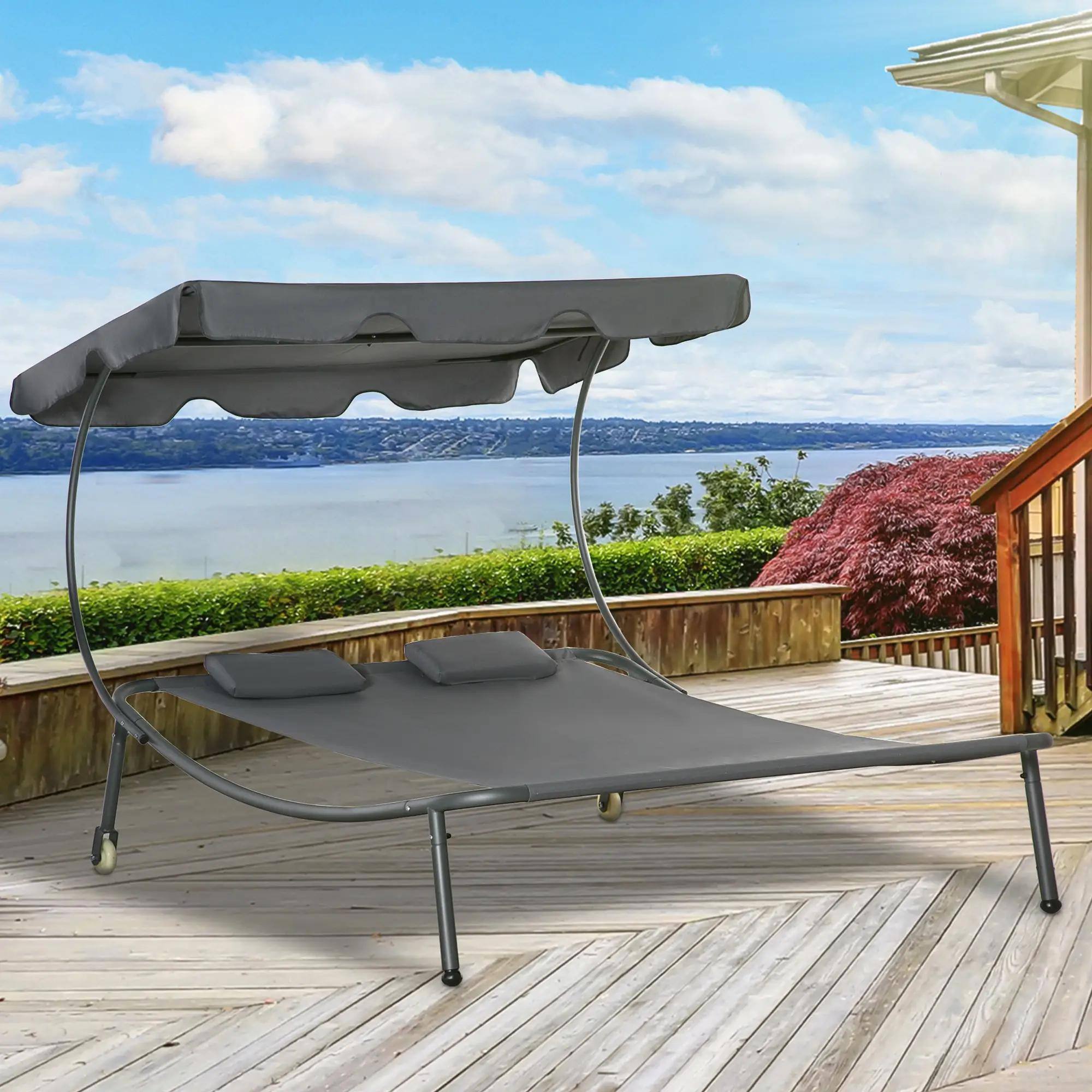 Left. Resenkos - Resenkos Patio Double Chaise Lounge Chair, Outdoor Wheeled Hammock Daybed With Adjustable Canopy and Pillow, Gray - Gray.