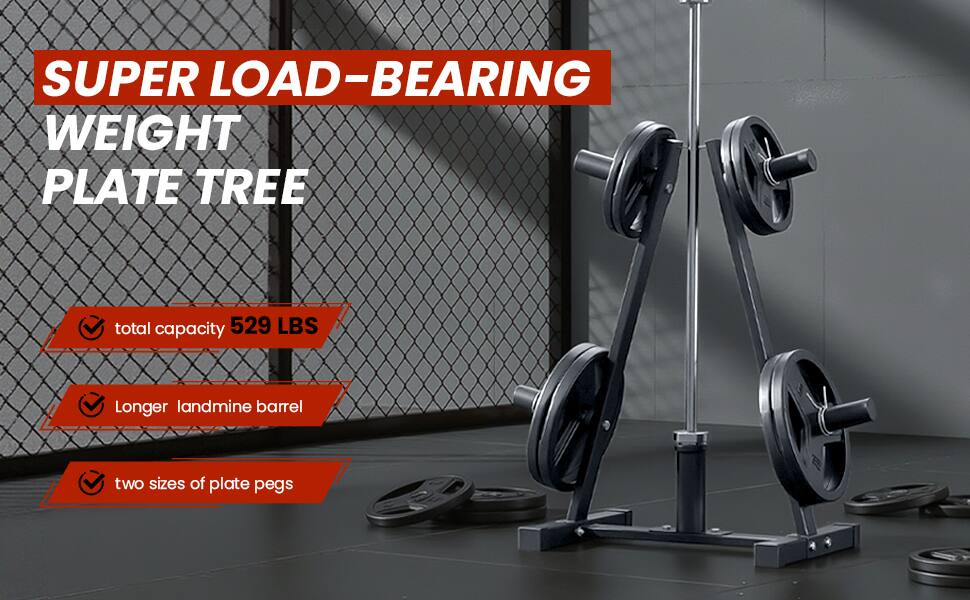 SUPER LOAD-BEARING  
WEIGHT PLATE TREE  

- total capacity 529 LBS  
- Longer landmine barrel  
- two sizes of plate pegs