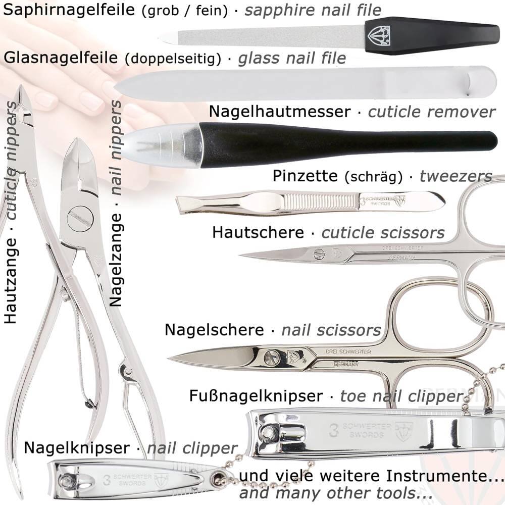 Saphirnagelfeile (groß / fein) • sapphire nail file  
Glasnagelfeile (doppelseitig) • glass nail file  
Nagelhautmesser • cuticle remover  
Nagelzange • nail nippers  
Pinzette (schräg) • tweezers  
Hautschere • cuticle scissors  
Nagelschere • nail scissors  
Fußnagelknipser • toe nail clipper  
Nagelknipser • nail clipper  
and viele weitere Instrumente...  
and many other tools...
