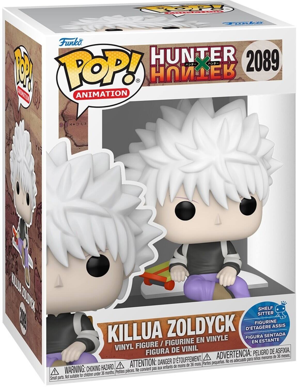 Sure, here is the corrected and grouped text from the image:

---

**Funko POP! Animation**

**HUNTER X HUNTER**

**2089**

**KILLUA ZOLDYCK**

**VINYL FIGURE / FIGURINE EN VINYLE / FIGURA DE VINIL**

**SHELF SITTER / FIGURINE D'ÉTAGÈRE ASSIS / FIGURA SENTADA EN ESTANTE**

**WARNING: CHOKING HAZARD. Small parts. Not suitable for children under 36 months.**

**ATTENTION: DANGER D'ÉTOUFFEMENT. Petites pièces. Ne convient pas aux enfants de moins de 36 mois.**

**ADVERTENCIA: PELIGRO DE ASFIXIA. Partes pequeñas. No es adecuado para niños menores de 36 meses.**

---

This text is organized to reflect the information on the packaging of the Funko POP! figure.