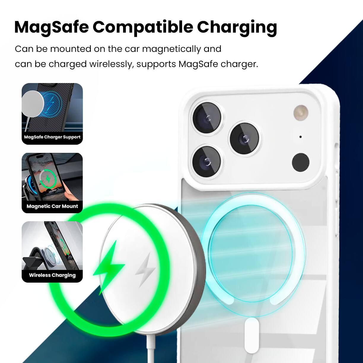 MagSafe Compatible Charging

Can be mounted on the car magnetically and can be charged wirelessly, supports MagSafe charger.

- MagSafe Charger Support
- Magnetic Car Mount
- Wireless Charging
