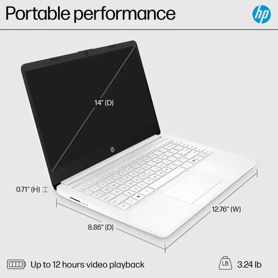 Portable performance

14" (D)  
0.71" (H)  
12.76" (W)  
8.86" (D)  
Up to 12 hours video playback  
3.24 lb