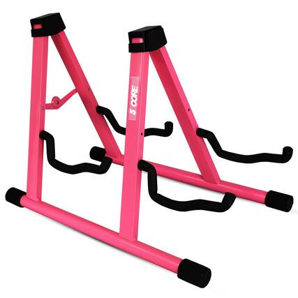 Front. 5 CORE - Double Guitar Stand A Frame Shape w Foam Arms Supports Acoustic Electric Bass Ukulele Banjo - Pink.