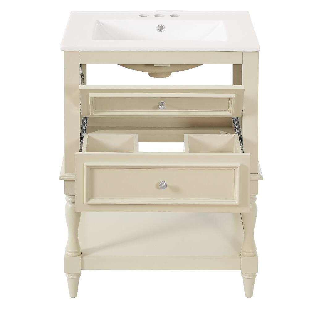 Alt View 7. Loheer - Loheer 24 inch bathroom vanity with ceramic sink, Beige Retro Cabinet with Open Shelf - Beige.