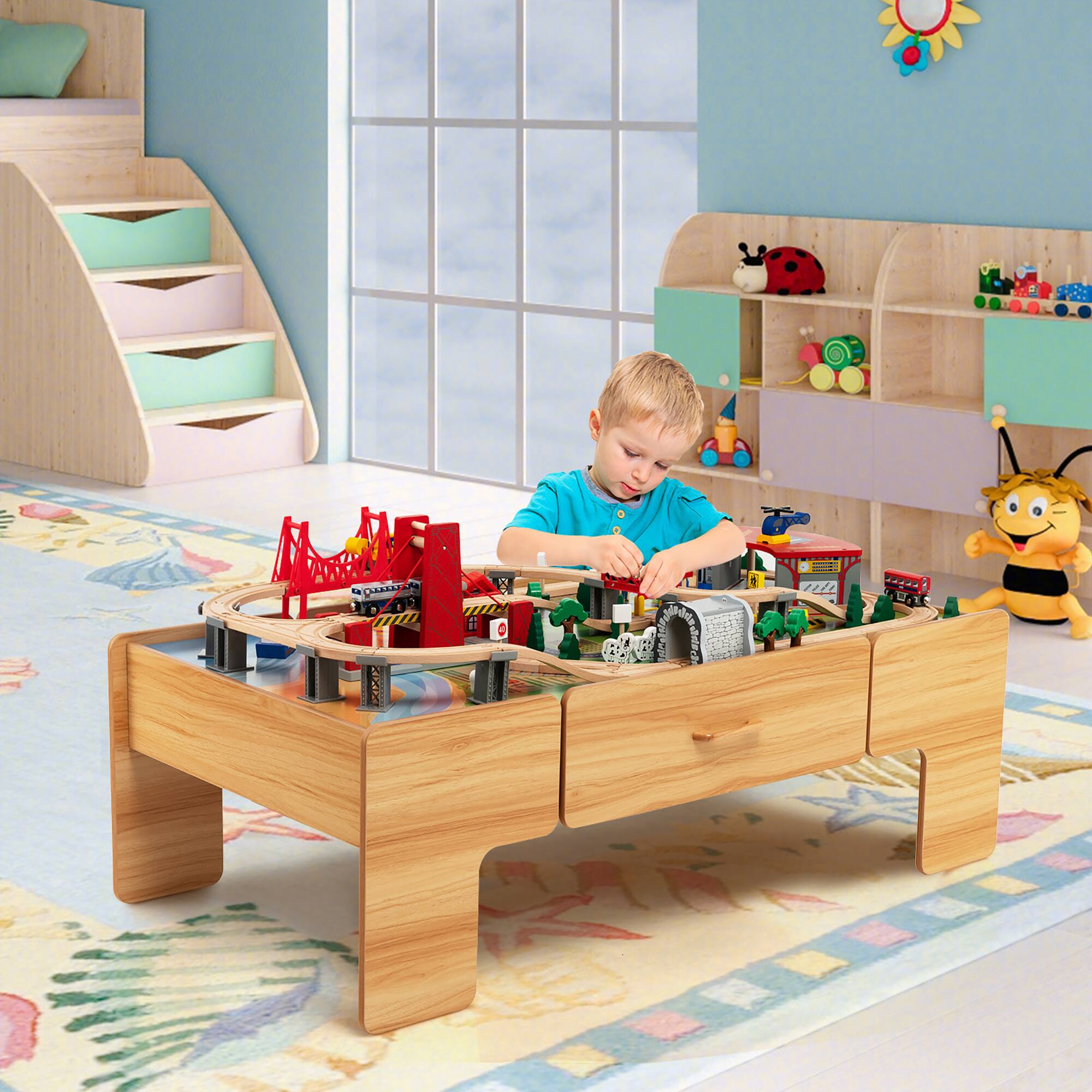 Alt View 1. Costway - Costway Kids Wooden Train Set & Double-Sided Table Playset w/100 Pieces & Storage Drawer - Natural.