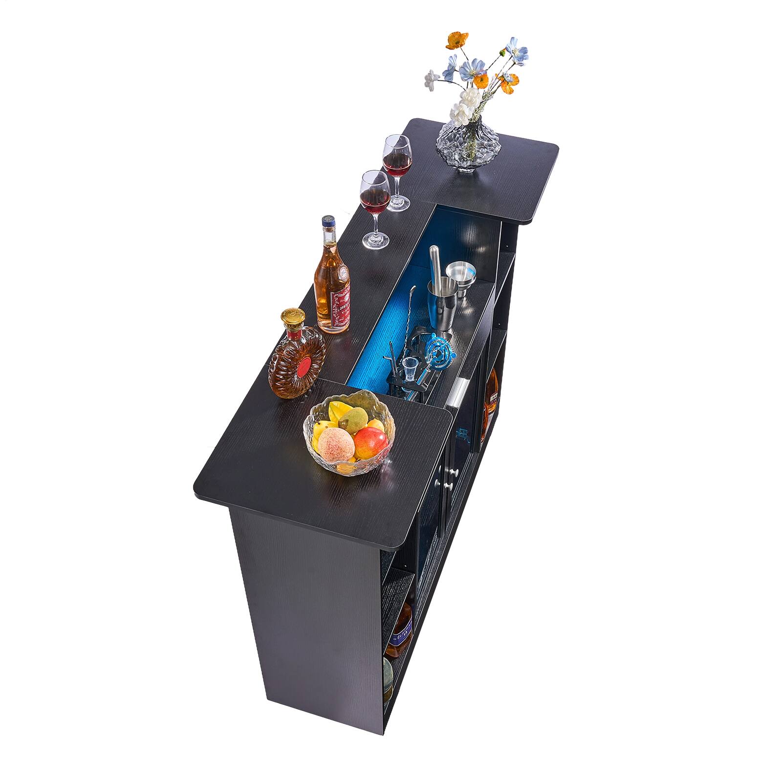 Alt View 5. VEVOR - Home Bar Unit, Wine Bar Cabinet Table 4-Tier with Storage Drawer Shelves, Wine Glass Holder, Bottle Rack, LED Light - Black.