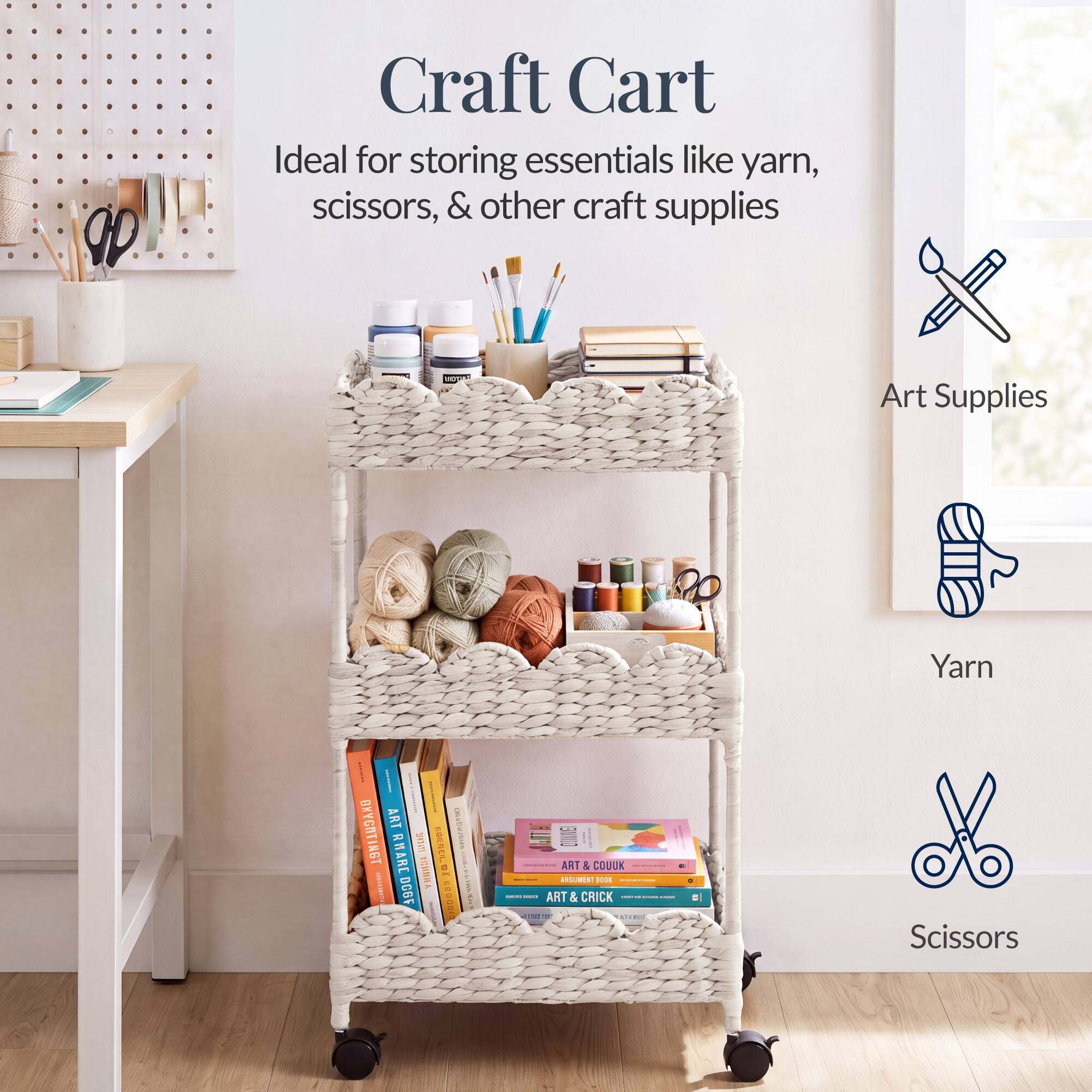 Craft Cart  
Ideal for storing essentials like yarn, scissors, & other craft supplies  

Art Supplies  
Yarn  
Scissors