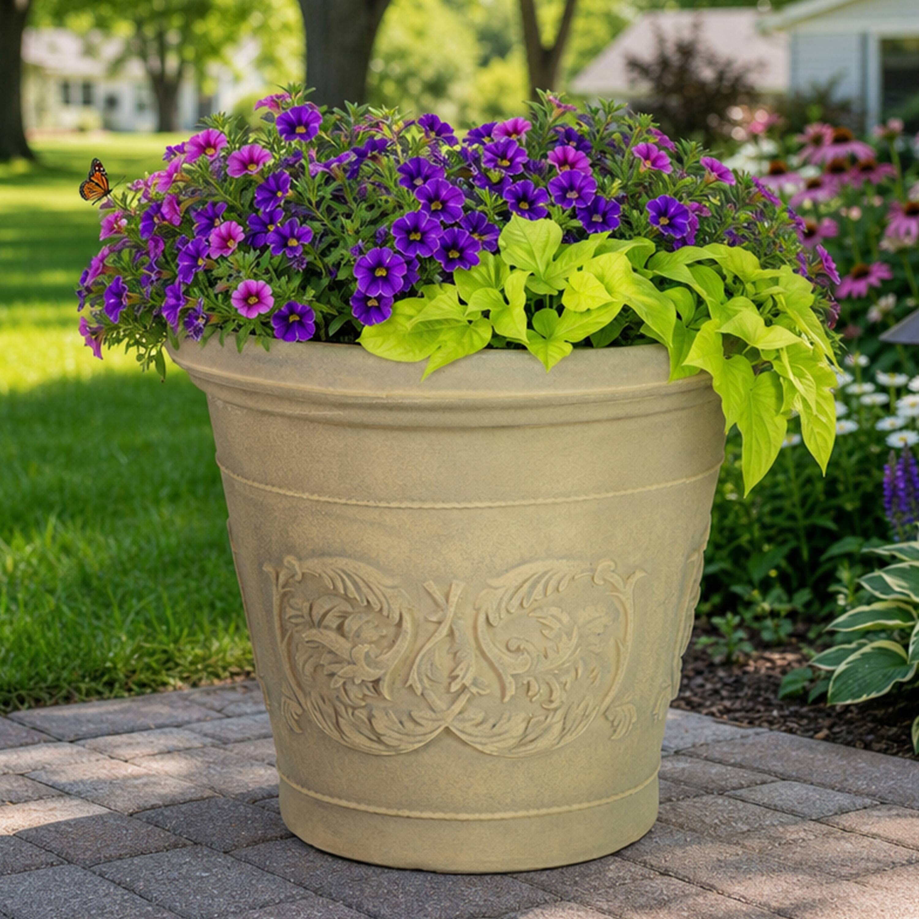 Alt View 1. Sunnydaze - 16 in Arabella Polyresin Outdoor Planter - Set of 4 - Beige.