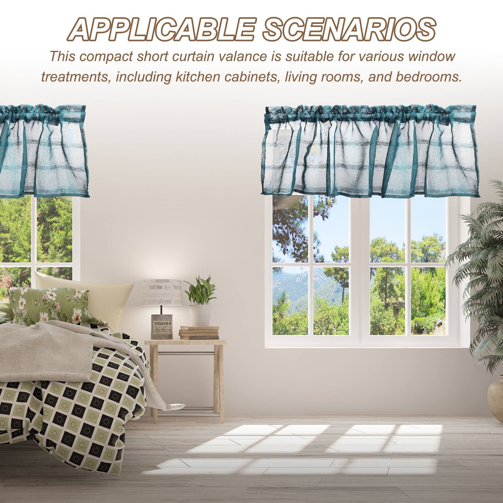 APPLICABLE SCENARIOS

This compact short curtain valance is suitable for various window treatments, including kitchen cabinets, living rooms, and bedrooms.