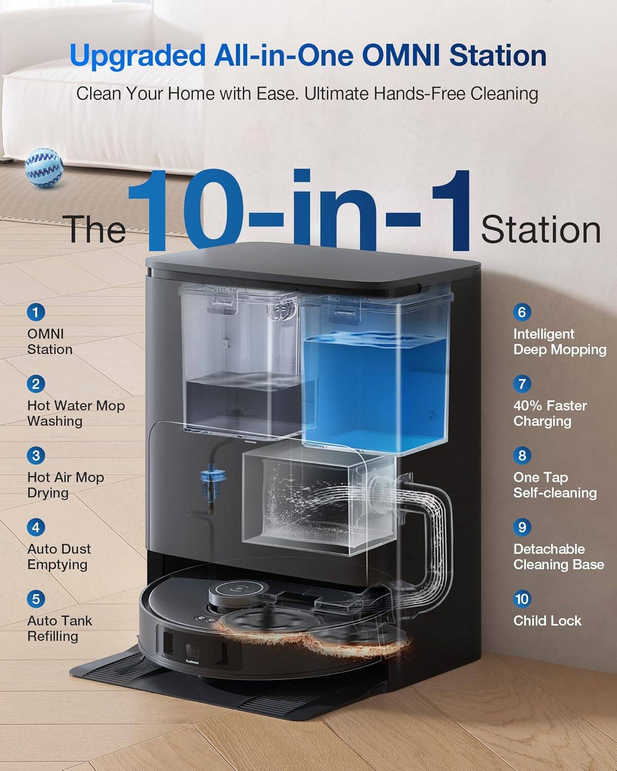 Upgraded All-in-One OMNI Station  
Clean Your Home with Ease. Ultimate Hands-Free Cleaning  

The 10-in-1 Station  

1. OMNI Station  
2. Hot Water Mop Washing  
3. Hot Air Mop Drying  
4. Auto Dust Emptying  
5. Auto Tank Refilling  
6. Intelligent Deep Mopping  
7. 40% Faster Charging  
8. One Tap Self-cleaning  
9. Detachable Cleaning Base  
10. Child Lock