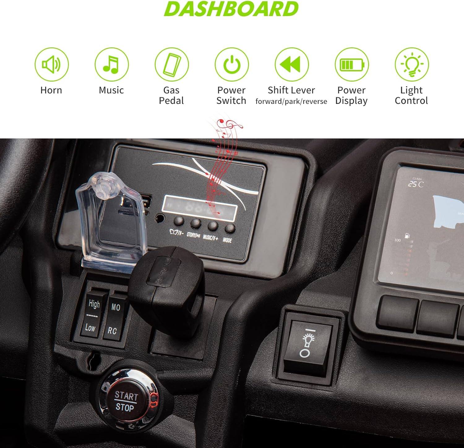 DASHBOARD

- Horn
- Music
- Gas Pedal
- Power Switch
- Shift Lever (forward/park/reverse)
- Power Display
- Light Control

STORM MUSIC/Y+ MODE 200

High MO Low RC START STOP

25°C