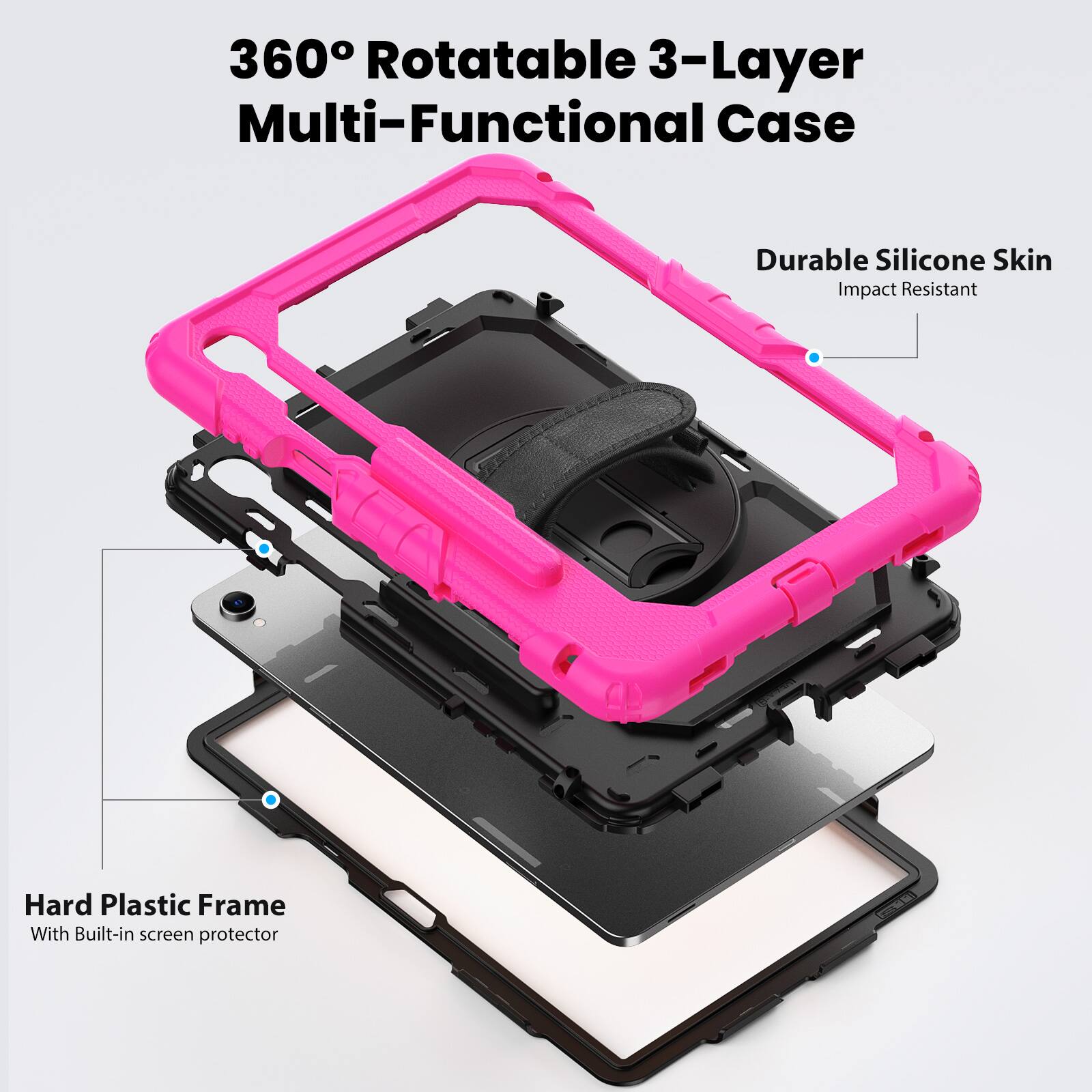 360° Rotatable 3-Layer Multi-Functional Case

Durable Silicone Skin
Impact Resistant

Hard Plastic Frame
With Built-in screen protector