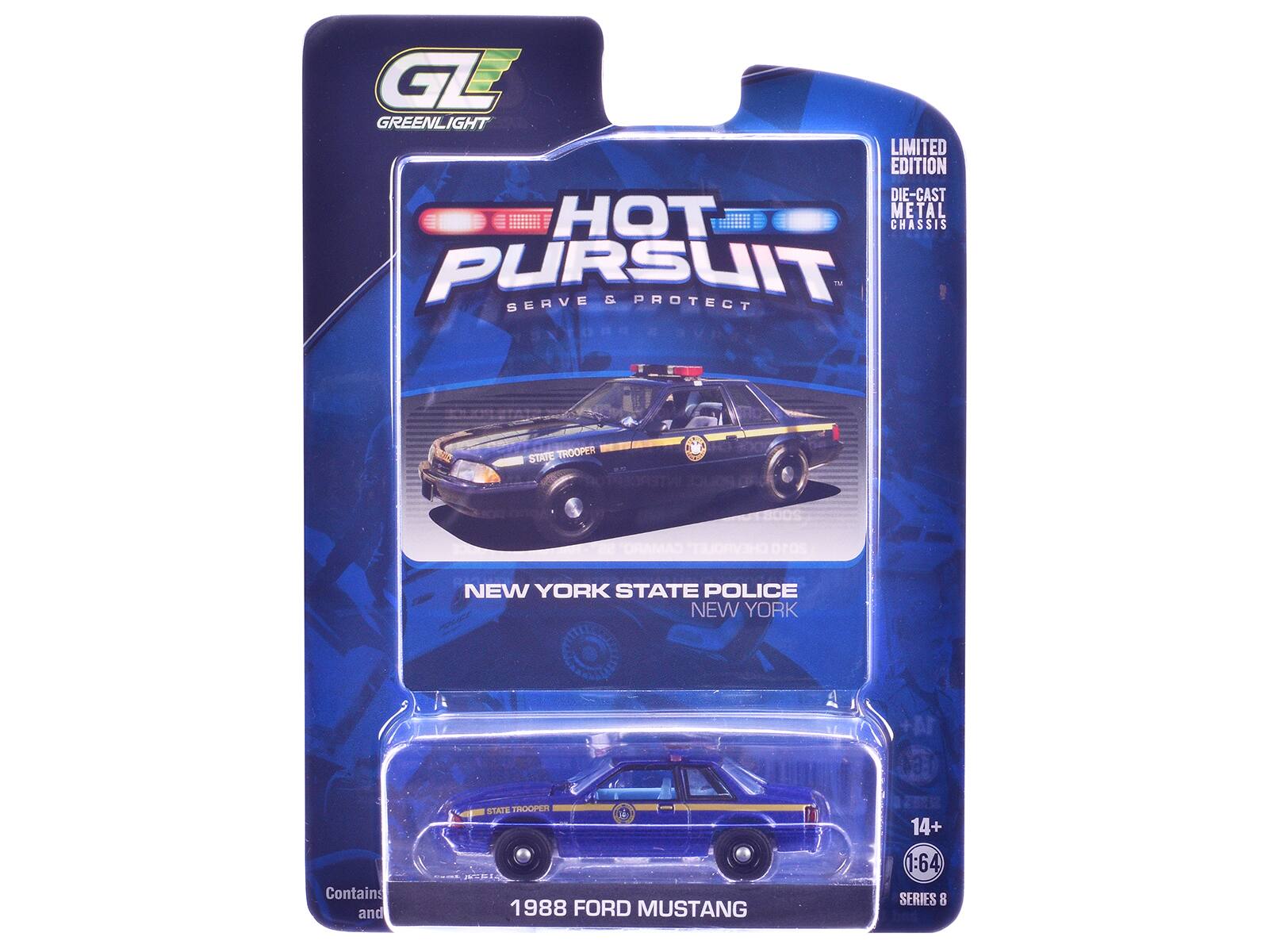 GL GREENLIGHT LIMITED EDITION DIE-CAST HOT PURSUIT SERVE & PROTECT - STATE TROOPER 180DS CAMARO TIJORVIHO OROS 2010 NEW YORK STATE POLICE NEW YORK Contains and STATE TROOPER 1988 FORD MUSTANG 14+ 1:64 SERIES 8