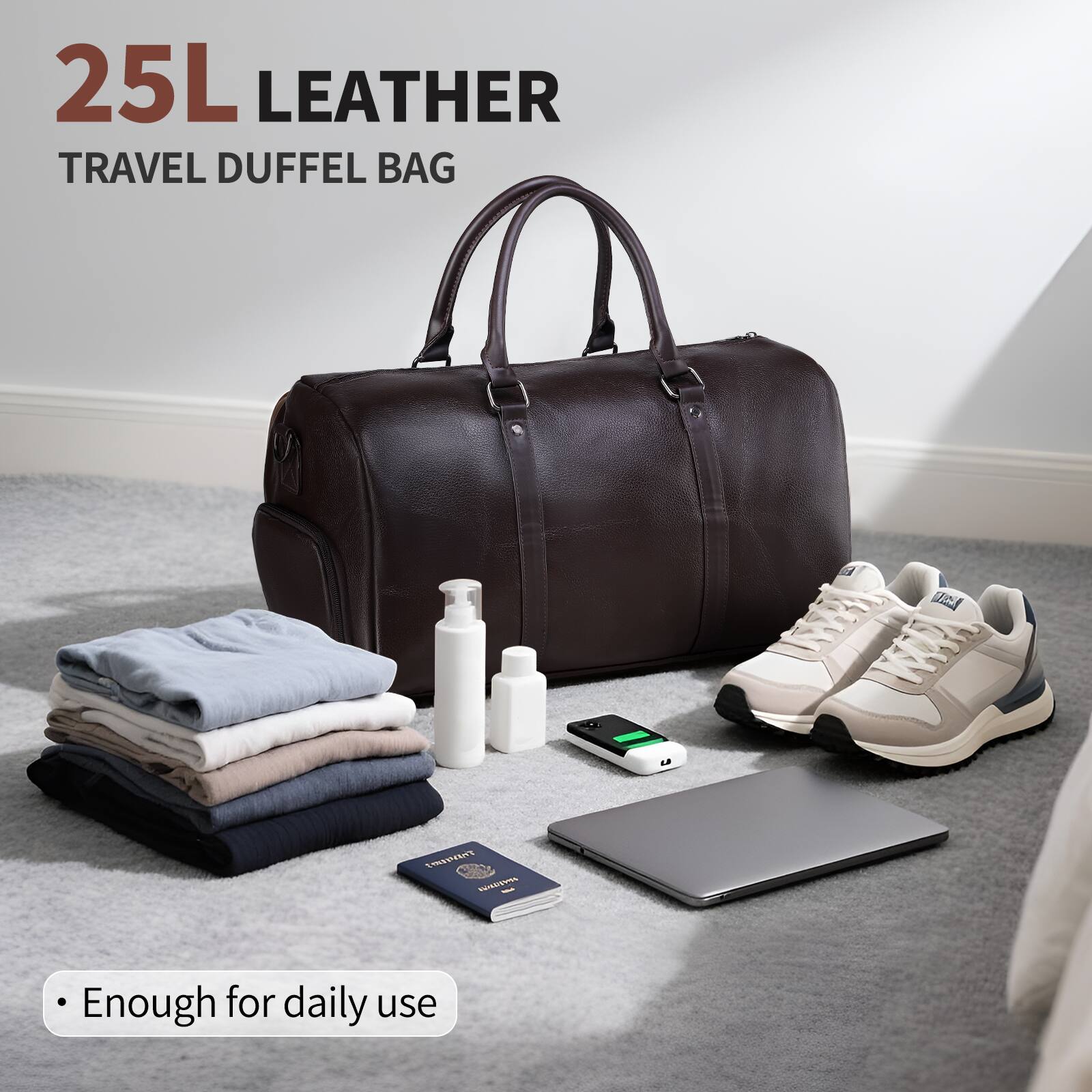 25L Leather Travel Duffel Bag  
- Enough for daily use
