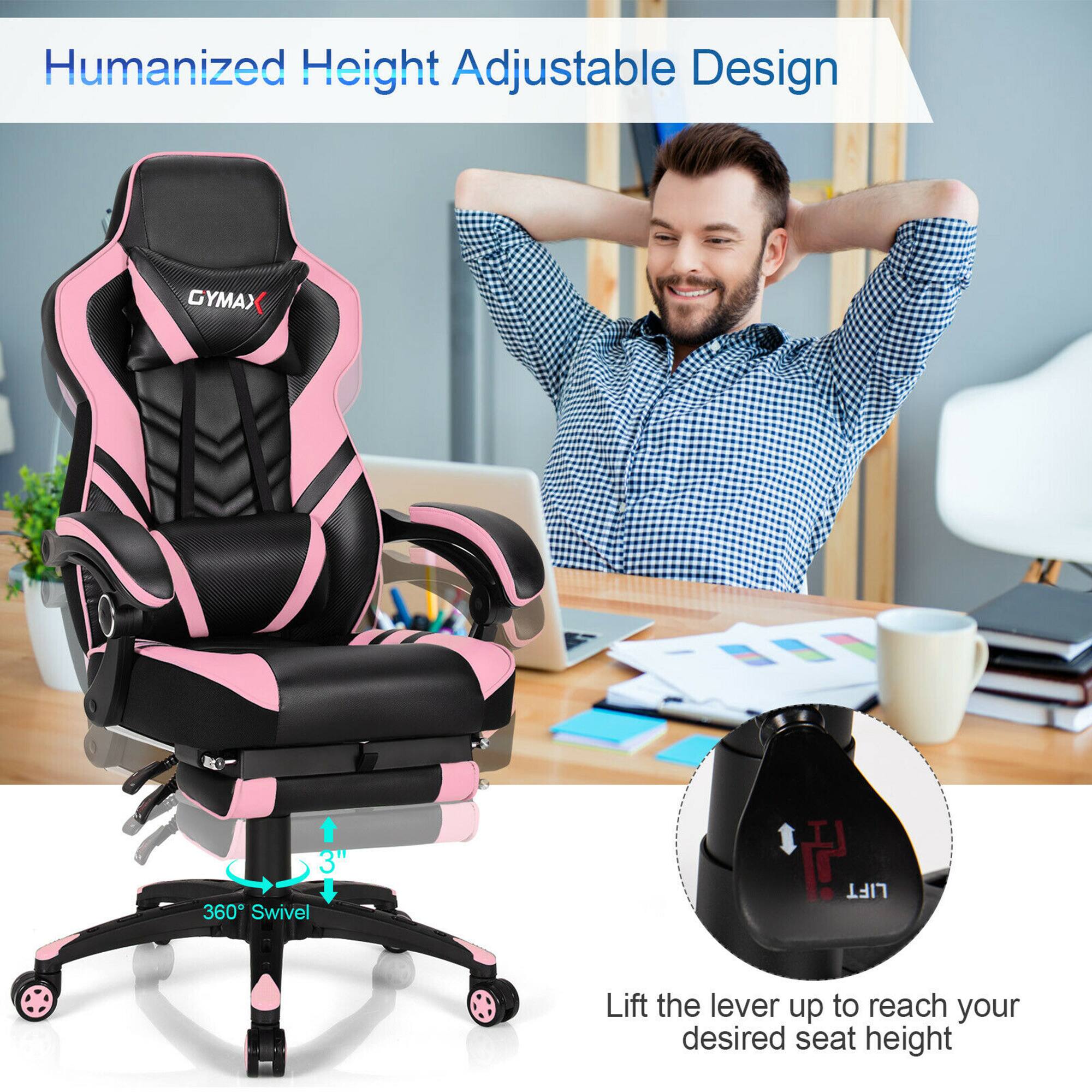 Humanized Height Adjustable Design

GYMA

3" 360° Swivel

Lift the lever up to reach your desired seat height

Stable Design