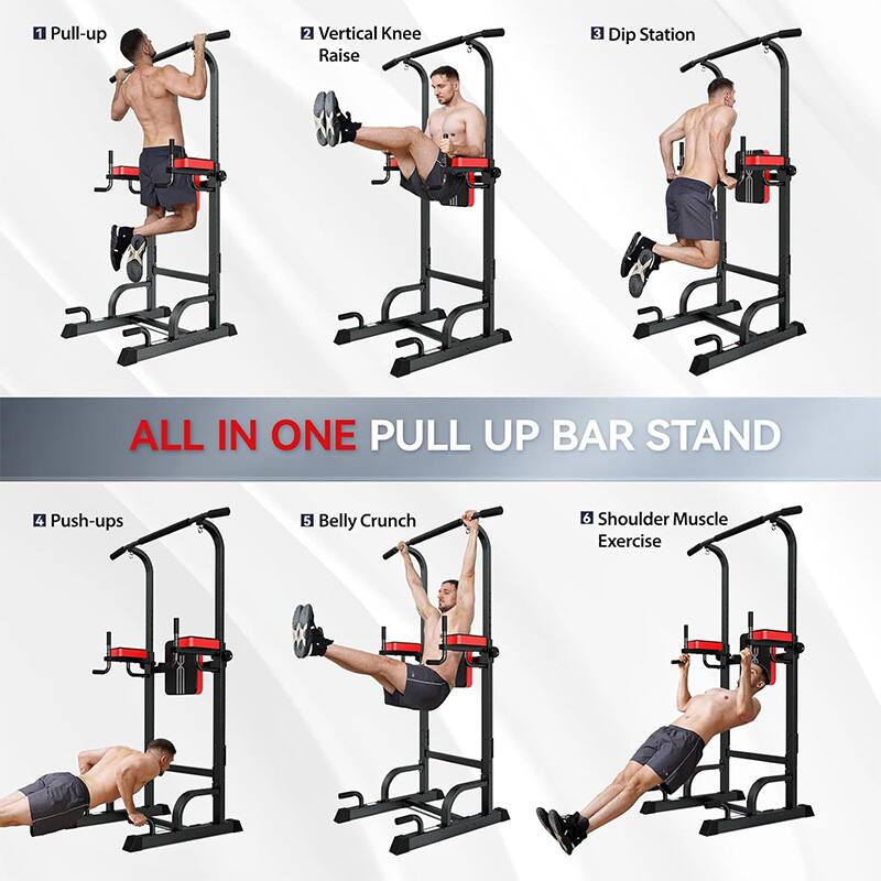 1. Pull-up  
2. Vertical Knee Raise  
3. Dip Station  
4. Push-ups  
5. Belly Crunch  
6. Shoulder Muscle Exercise  

ALL IN ONE PULL UP BAR STAND