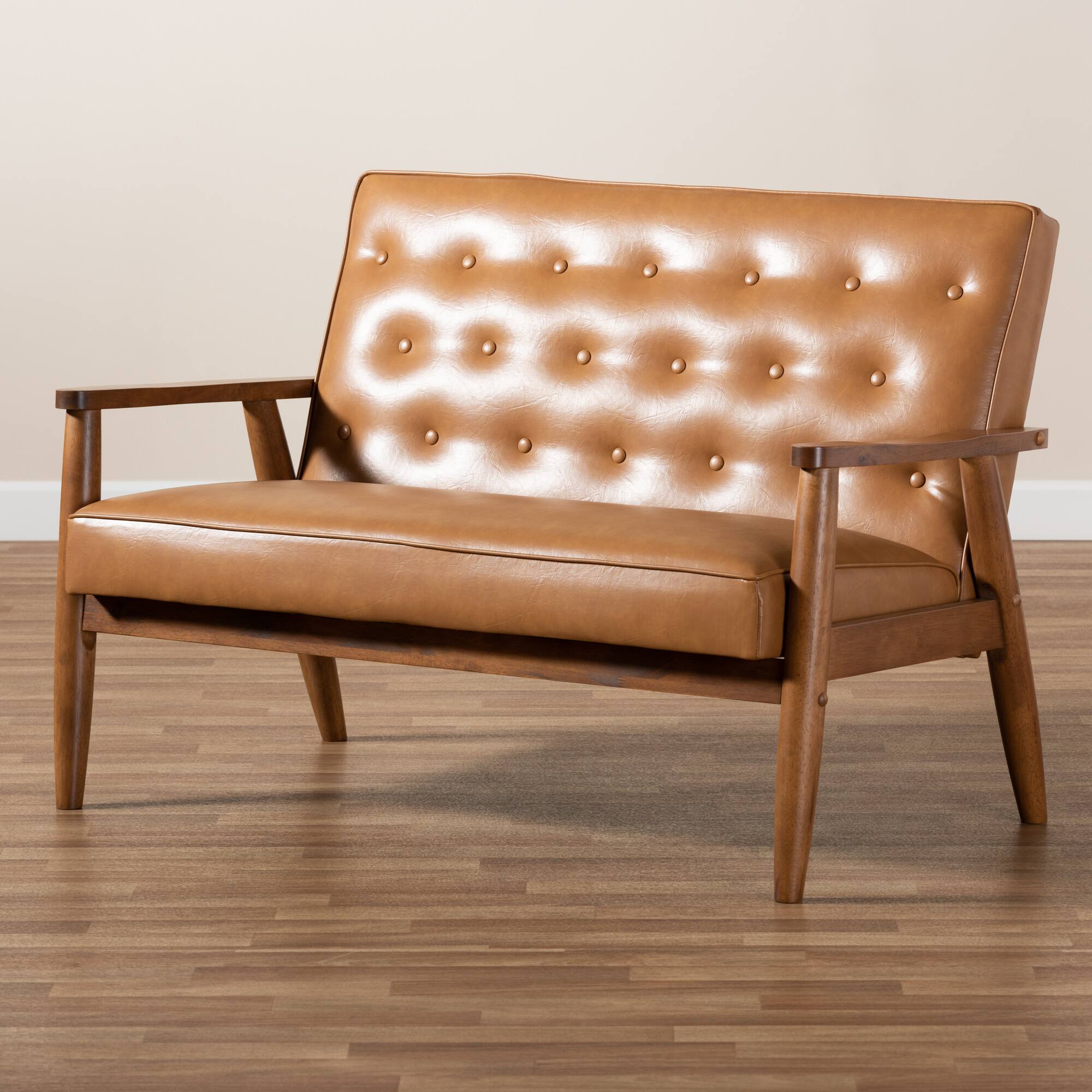 Alt View 4. Baxton Studio - Sorrento Mid-Century Modern Faux Leather Upholstered and Walnut Finished Wood Loveseat - Tan/walnut brown.
