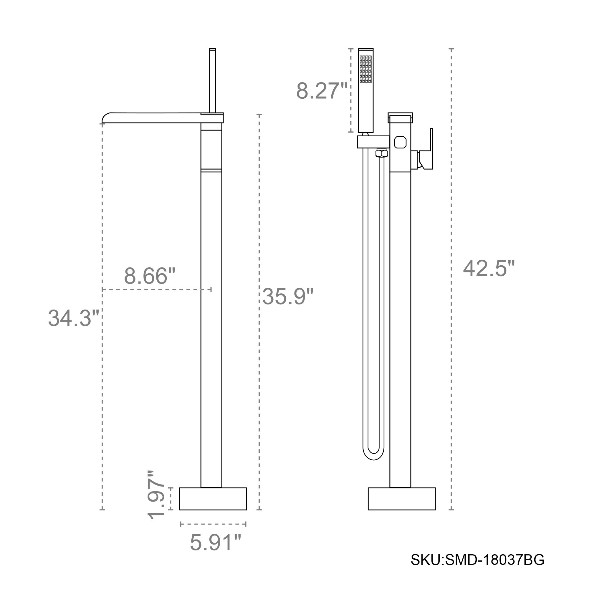 T 8.27" 34.3 8.66" 35.9" 42.5" .97" TIIL T 5.91" SKU:SMD-18037BG