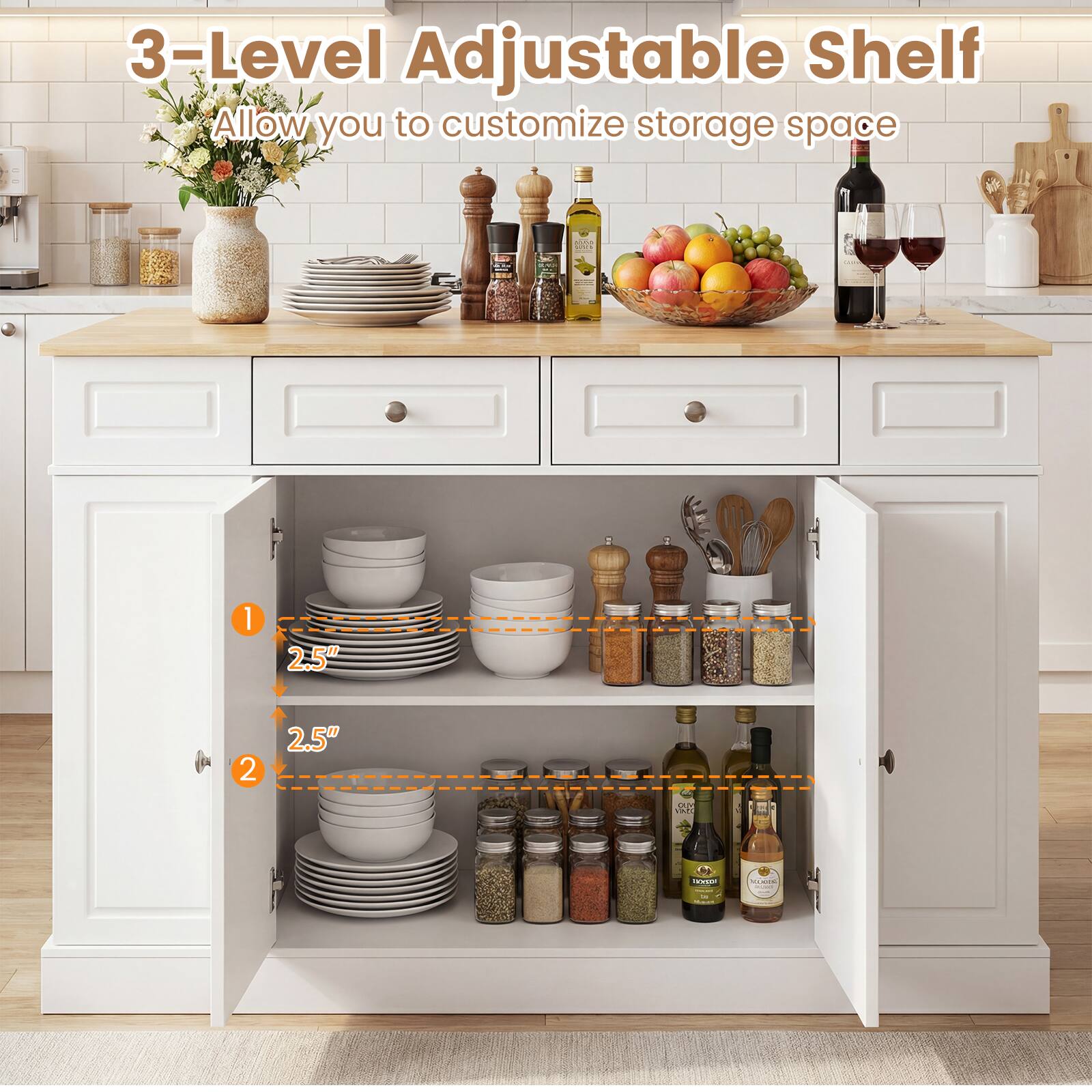 3-Level Adjustable Shelf  
Allow you to customize storage space  

1. 2.5"  
2. 2.5"
