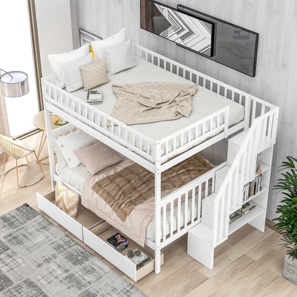 Left. Loheer - Loheer Full Over Full Bunk Bed with Drawers White Pine Wood Storage - White.