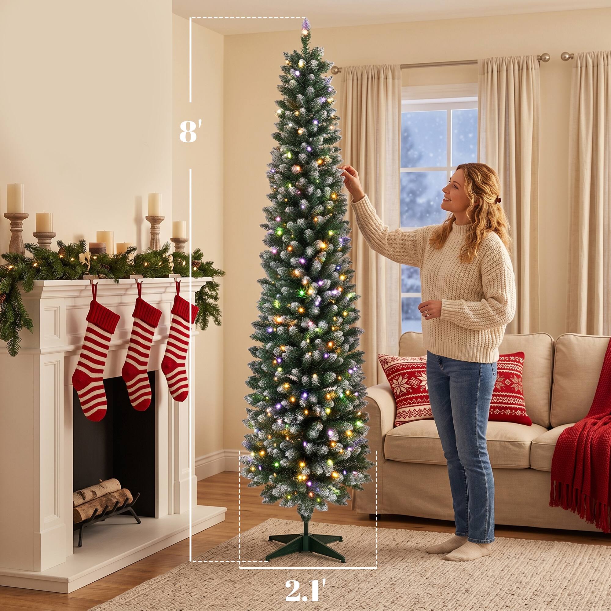 Alt View 2. Homcom - Pencil Prelit Christmas Tree, Dual Color LEDs, Flocked, Remote, Slim Xmas Tree with 11 Modes - Green White.