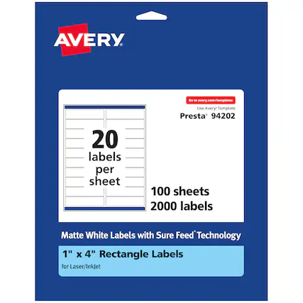 AVERY
Go to avery.com/templates
20 labels per sheet
Use Avery Template Presta 94202
100 sheets 2000 labels
Matte White Labels with Sure Feed Technology
1" x 4" Rectangle Labels for Laser/InkJet