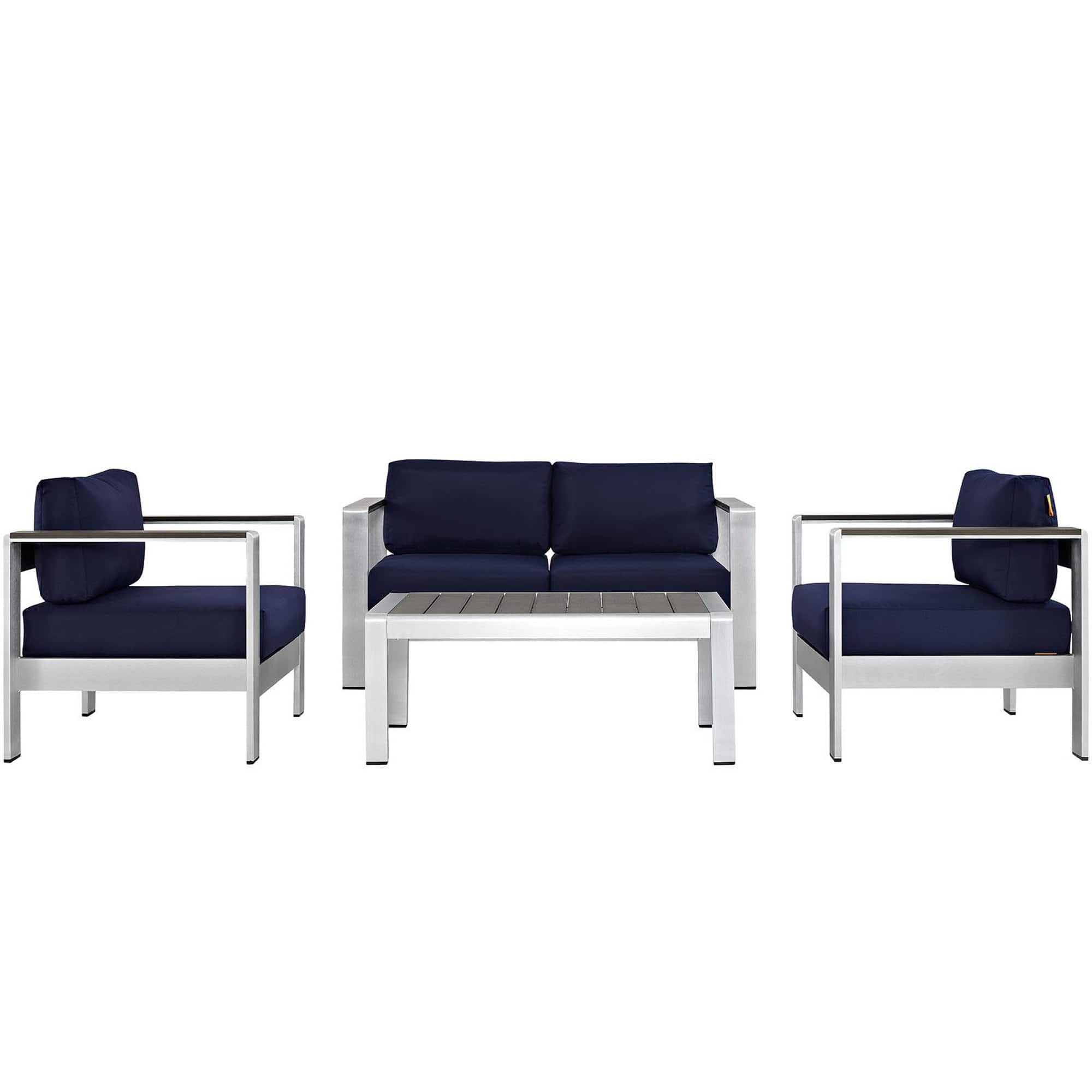 Shore 4 Piece Outdoor Patio Aluminum Sectional Sofa Set by Modway - Silver Navy