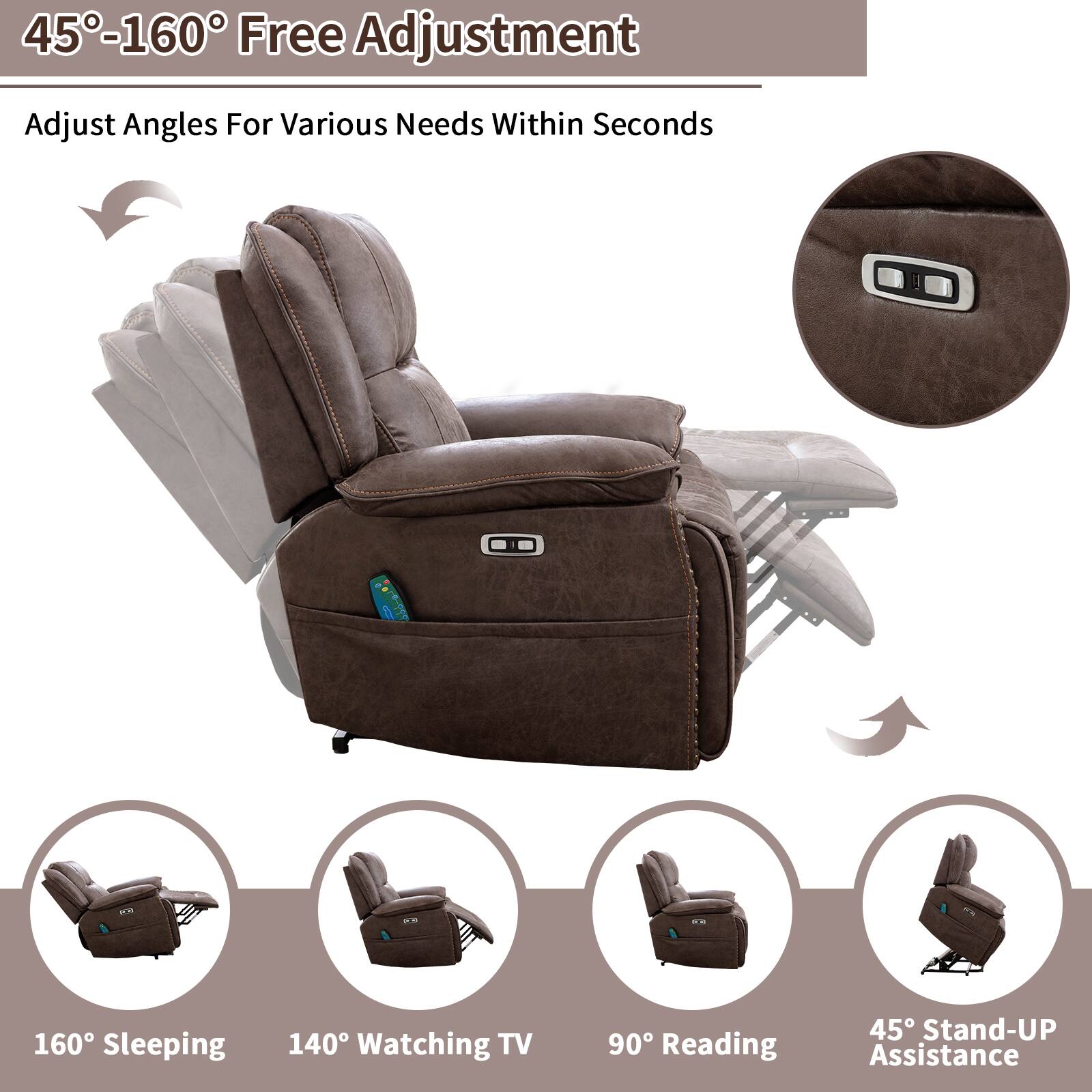 45°-160° Free Adjustment

Adjust Angles For Various Needs Within Seconds

160° Sleeping

140° Watching TV

90° Reading

45° Stand-UP Assistance